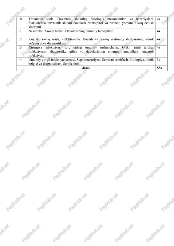 yaga tayyorgarlik ko‘rish qoidalari. sterillikni nazorat qilish usullari. 2 s 6 implantatsiya infektsiyasining oldini olish. tikish materialini sterilizatsiya qilish. konstruktsiyalar, protezlar, transplantatlarni sterilizatsiya qilish. endogen infektsiyasi va uning xirurgiyadagi ahamiyati. gospital infektsiyasi. oits muammosi xirurgiyada. 2 s 7 antiseptika. mexanik antiseptika. fizik antiseptika. 2 s 8 ximik antiseptika. kimyoviy antiseptiklarning asosiy guruhlari. biologik antiseptika. antibiotiklar. 2 s 9 desmurgiya. bog’lash materiallarining turlari. qayta bog’lash to‘g‘risidagi tushuncha. asosiy bog’lom turlari. bintsiz va binli bog’lomlar. 2 s 10 qon ketish va uni to‘xtatish usullari. aniqlamasi, tasniflash. o‘tkir qon yo‘qotishda organizmdagi o‘zgarishlar. qon ketishini diagnostika qilish. qon ketishdagi jarrohlik taktikasi. spontan gemostaz tizimi. 2 s 11 qon ketishni vaqtinchalik to‘xtatish usullari. jgut qo‘yish. jaroxat tamponadasi. qon ketishni yakuniy to‘xtatish usullari. kompleks davolash to‘g‘risidagi tushunchalar. 2 s 12 transfuziologiya. asosiy antigen qon tizimlari. qon guruhini ab0 tizimi bo‘yicha aniqlash. rezus-omilni aniqlash. guruh differensiatsiyasining klinik ahamiyati. 2 s jami 24s 6- semestr 1 qon va …