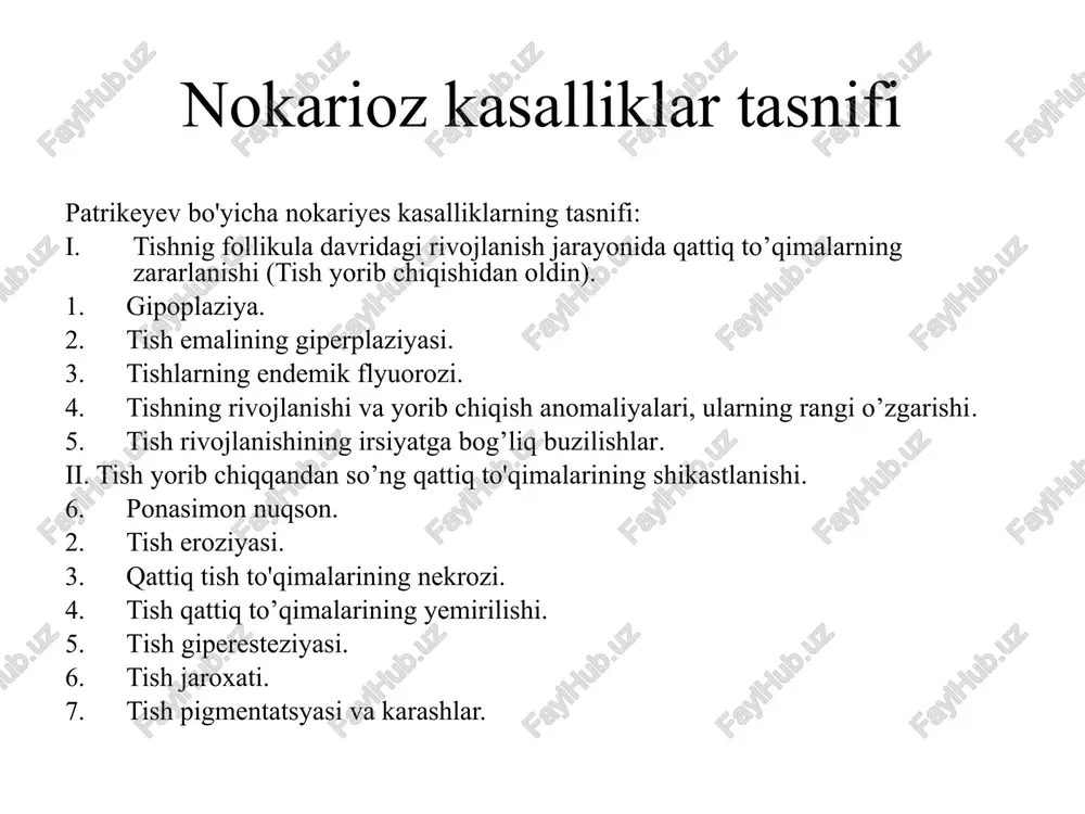 tishlarning ma'lum bir guruhining qattiq to'qimalarida qaytarilmas zarar, u kasallikka chalingan bolaning ma'lum bir yoshiga to'g'ri keladi. anamnez. otkazilgan va yondosh kasalliklar. -oshqozon-ichak infektsiyalari (salmonellyoz). absorbsiya jarayonlari buziladi. -bo’lajak onaning tez-tez uchraydigan yuqumli kasalliklari (qizilcha, sifilis). tishlarning deformatsiyasi yuzaga keladi (fournier tishlari, getchinson tishlari, pfluger tishlari). -og'ir homiladorlik va tug'ish. (rezus omilining mos kelmasligi - gemolitik anemiya - bilirubin tishlarda to'planadi - kulrang-yashil, sariq rang). -gipovitaminoz (a, c, d), raxit. -gormonal buzilishlar (hipoparatiroidit, diabet). -nefroz, daun sindromi, qattiq to'qimalarning irsiy kasalliklari. -ba'zi dorilarga ta'sir qilish (tetratsiklin). -sut tishlarning surunkali yallig'lanish jarayonlari, tishlarning rivojlanishi va mineralizatsiyasi davridagi mahalliy shikastlanishlar, ionlashtiruvchi nurlanish ta'siri. ushbu kasallikning rivojlanishi turli xil etiologik omillarning zarar etkazuvchi ta'sirining davomiyligi va intensivligi gipoplaziyada tishlarning qattiq to'qimalarida strukturaviy o'zgarishlarning turi va shaklini aniqlaydi. tishlardagi dog'li shakllanishlar tish emalining etishi davrida paydo bo'lgan anomaliyalarga xosdir. tish shaklidagi o'zgarishlar emalning shakllanishi va rivojlanishi jarayonlarining buzilishini ko'rsatadi. ko’rik. qattiq tish to'qimalarining tizimli …