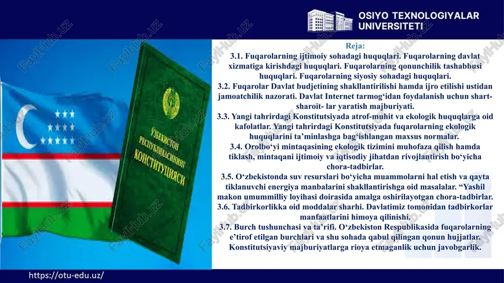 i va erkinliklariga bag‘ishlangan. birlashgan millatlar tashkiloti inson huquqlariga rioya etilishini monitoring qilishi, uning tizimida markaziy o‘rinni egallaydi, uning vakolatlariga inson huquqlari sohasidagi muammolami ko‘rib chiqish kiradi. bosh assambleya ushbu masalalar bo‘yicha maxsus rezolyutsiyalar tayyorlagan (maxsus, gumanitar va madaniy masalalar bo‘yicha). 3.1. fuqarolarning ijtimoiy sohadagi huquqlari. fuqarolarning davlat xizmatiga kirishdagi huquqlari. fuqarolarning qonunchilik tashabbusi huquqlari. fuqarolarning siyosiy sohadagi huquqlari. inson huquqlarining asosiy tamoyillarini amalga oshirish har bir davlatning huquqiy bahosini belgilaydi. shunga asoslanib, milliy huquq tizimida inson huquqlarining o‘rni juda katta. yuqoridan kelib chiqib, inson huquqlari barcha davlatlar tomonidan tartibga solingan xalqaro huquqning butun bir sohasi, shuning uchun inson huquqlari instituti milliy huquqning asosiy tamoyillaridan biridir. fuqarolarning konstitutsiya va qonunlarda mustahkamlab qo‘yilgan huquq va erkinliklari daxlsizdir, ulardan sud qarorisiz mahrum etishga yoki ularni cheklab qo‘yishga hech kim haqli emas”. bularning hammasi inson huquqlaring naqadar o‘zbekiston uchun muhim o‘rin kasb etgani va etayotganini ko‘rsatishi mumkin. iqtisodiy, ijtimoiy va madaniy huquqlar “ikkinchi …