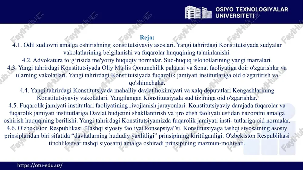 i tahrirdagi konstitutsiyada sud alohida hokimiyat, sud hokimiyati qonun chiqaruvchi va ijro etuvchi hokimiyatlardan, siyosiy partiyalardan, boshqa jamoat birlashmalaridan mustaqil holda ish yuritadi, sudyalar mustaqildirlar, ular faqat qonunga bo'ysunadilar, sudyalarning odil sudlovni amalga oshirish borasidagi faoliyatiga biron-bir tarzda aralashishga yo’l qo'yilmaydi. har bir shaxsga o‘z huquq va erkinliklarini sud orqali himoya qilish huquqi kafolatlanadi, deb qat'iy belgilab qo'yildi. so'nggi yillarda erishgan yutuqlarimizni, xususan, iqtisodiyot, inson huquqlari, odil sudlov, so'z va e'tiqod erkinligi sohalaridagi yuzlab cheklovlar olib tashlangani, naqd pul, valyuta, kredit masalalaridagi muammolar hal qilingani va boshqa ijobiy harakatlar ortga qaytmasligining konstitutsiyaviy himoyasini ta'minlash zarur edi va yangi konstitutsiya mana shu yo'nalishlarning huquqiy kafolati deb aytsak mubolag'a bo’lmaydi. 4.1. odil sudlovni amalga oshirishning konstitutsiyaviy asoslari. yangi tahrirdagi konstitutsiyada sudyalar vakolatlarining belgilanishi va fuqarolar huquqining ta'minlanishi bu yutuqlar, huquq va erkinliklardan nafaqat hozirgi, balki kelajak avlodlarimiz ham emin-erkin foydalanishi uchun ular konstitutsiyada muhrlab qo'yildi. o'tgan qisqa davrda sud-huquq tizimini tubdan isloh …