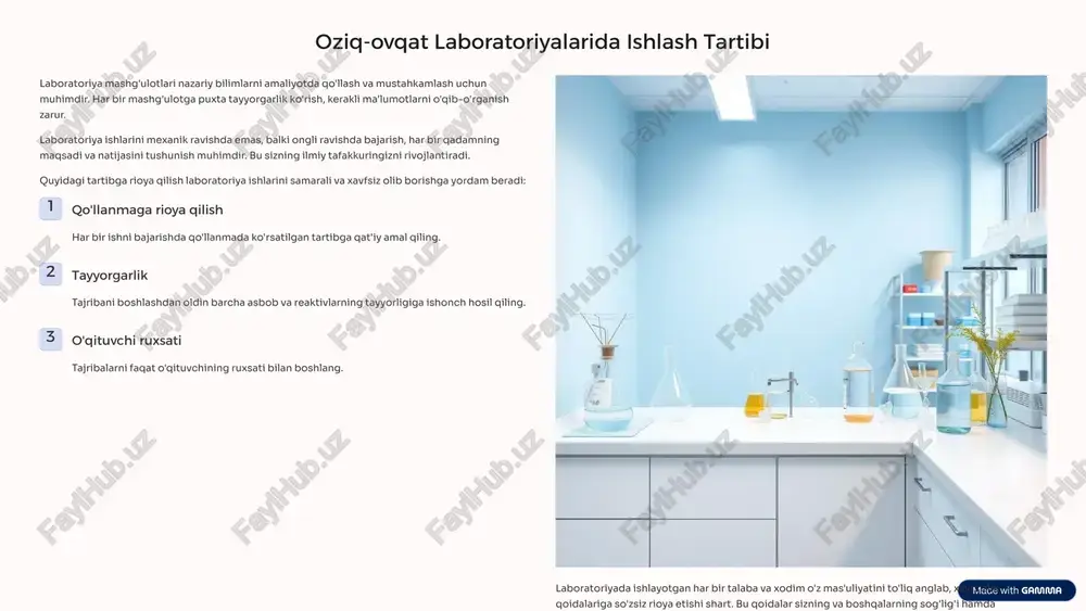 r bilan qilinadigan tajribalarni maxsus mo'rili shkafda bajaring. mo'rili shkaf havoning toza bo'lishini ta'minlaydi. konsentrlangan sulfat kislotani suyultirishda suvni kislotaga quymasdan, kislotani suvga to'ldiratib, ohista quying. bu kuchli ekzotermik reaksiyani oldini oladi. probirkaga biror modda solib, qizdirganingizda uning og'zini o'zingizga yoki yoningizda turgan kishiga qaratmang. moddaning birdaniga sachrab ketishi mumkin. suvli eritmalar va umuman suyuqliklarning mazasini tatib ko'rish qat'iyan man qilinadi. bu zaharli moddalar bilan aloqa qilish xavfini oshiradi. xavfsizlik qoidalariga rioya qilish har bir laboratoriya xodimining asosiy burchidir. kichik xatolar ham jiddiy oqibatlarga olib kelishi mumkin. har doim ehtiyotkor bo'ling va shaxsiy himoya vositalaridan foydalaning. 5 yong'in xavfsizligi va elektr jihozlari laboratoriyada yong'in xavfsizligi qoidalariga qat'iy rioya etish talab qilinadi. ayniqsa, tez yonuvchan moddalar bilan ishlashda qo'shimcha ehtiyot choralari ko'rish zarur. oson o't oluvchi moddalar bilan qilinadigan tajribalar o'tdan uzoqroqda yoki maxsus mo'rili shkaflarda olib borilishi lozim. bu moddalarning yonishini oldini oladi. agar ular bilan ishlaganda o't chiqib qolsa, …