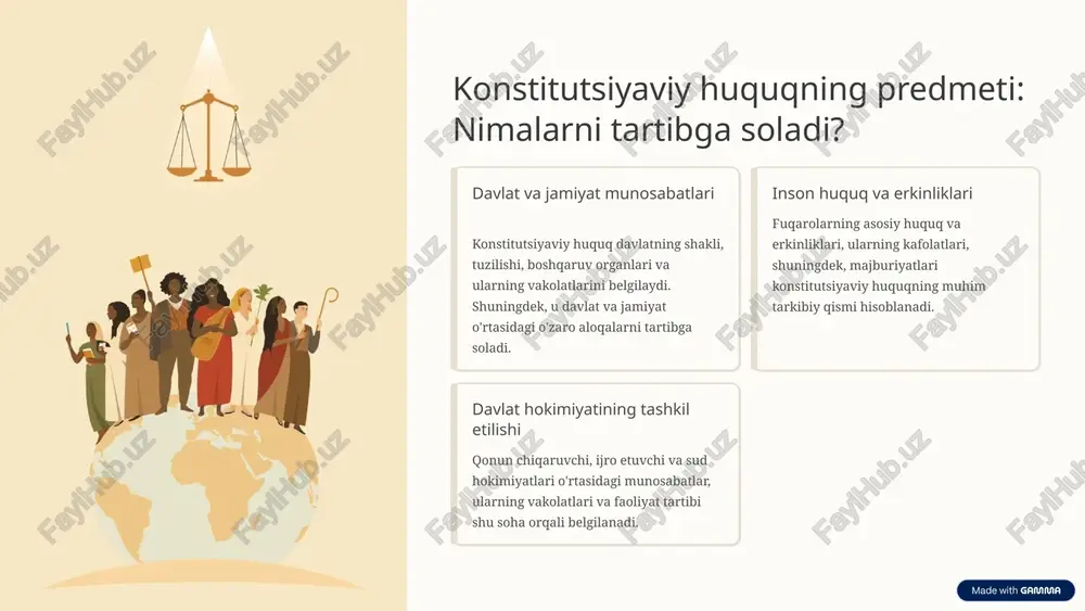 jro etuvchi organlar hokimliklar davlat siyosatini mahalliy darajada amalga oshiradi, fuqarolarning kundalik ehtiyojlarini qondirishga qaratilgan choralarni ko'radi. o'zini o'zi boshqarish mahalliy aholining o'z hududidagi masalalarni mustaqil hal qilish huquqini ta'minlaydi, bu demokratik boshqaruvning muhim qismidir. 9 xulosa va yakuniy fikrlar konstitutsiyaviy huquq har qanday demokratik davlatning asosi bo'lib, uning mustahkamligi va barqarorligini ta'minlaydi. u nafaqat davlatni, balki har bir fuqaroni himoya qiladi. konstitutsiyaviy huquq davlatning asosiy huquqiy poydevori. u inson huquqlari va davlat hokimiyati bo'linishi prinsiplarini kafolatlaydi. demokratik jamiyat qurishda uning ahamiyati beqiyosdir. 10 image-1002-1.png image-1-1.png image-1003-1.png image-2-1.png image-1004-1.png image-3-1.png image-1005-1.png image-4-1.png image-4-2.png image-4-3.png image-4-4.png image-1006-1.png image-5-1.png image-1007-1.png image-6-1.png image-6-2.png image-1008-1.png image-7-1.png image-7-2.png image-7-3.png image-7-4.png image-1009-1.png image-8-1.png image-8-2.png image-1010-1.png image-9-1.png image-9-2.png image-9-3.png image-9-4.png image-1011-1.png image-10-1.png