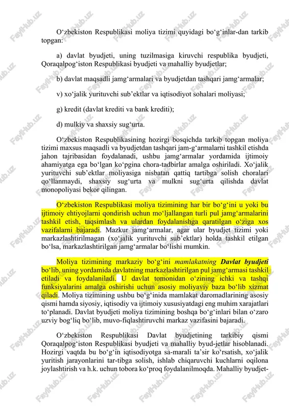 idir. moliya turli bo‘g‘inlardan tarkib topgan bo‘lib, ularning har biri davlat pul jamg‘armalarini tashkil etish, taqsimlash va ulardan foydalanish bo‘yicha yuzaga keladigan muayyan ijtimoiy munosabatlar doirasini aks ettiradi va shu boisdan ular bir-biridan farq qiladi. shu bilan birga, ular muayyan umumiy xususiyatlarga ega bo‘lib, bu ularni alohida, nisbatan ajratilgan guruhlarga - moliya institutlariga birlashtirish uchun imkon beradi. turli moliyaviy bo‘g‘inlar majmui o‘zbekiston respubli-kasi moliya tizimini tashkil etadi. bozor munosabatlariga o‘tish sharoitlarida davlat rivojla-nishining o‘ziga xos xususiyatlari davlat moliya tizimiga jid-diy ta’sir ko‘rsatdi. shu tarzda yangi institutlar yuzaga keldi, moliya tizimining boshqa bo‘g‘inlari mazmunida katta o‘zgarishlar yuz berdi. o‘zbekiston respublikasi moliya tizimi quyidagi bo‘g‘inlar-dan tarkib topgan: a) davlat byudjeti, uning tuzilmasiga kiruvchi respublika byudjeti, qoraqalpog‘iston respublikasi byudjeti va mahalliy byudjetlar; b) davlat maqsadli jamg‘armalari va byudjetdan tashqari jamg‘armalar; v) xo‘jalik yurituvchi sub’ektlar va iqtisodiyot sohalari moliyasi; g) kredit (davlat krediti va bank krediti); d) mulkiy va shaxsiy sug‘urta. o‘zbekiston respublikasining hozirgi …