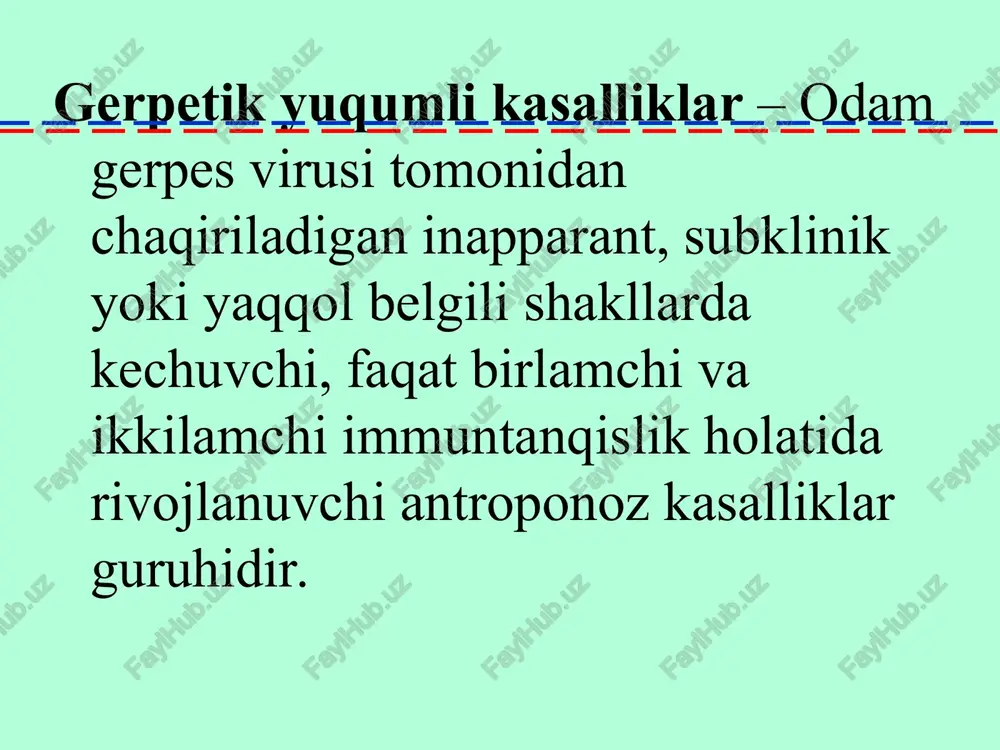 r zotiljam miokardit gepatitlar smv - mononukleoz smv tarqoq infeksiya odam gerpesviruslari kasalliklar odam gerpesvirusi - 6 (ogv-6) toshmalar surunkali charchoq sindromi odam gerpesvirusi - 7 (ogv-7) surunkali charchoq sindromi odam gerpesvirusi - 8 (ogv-8) kaposhi sarkomasi oiv – seronegativ insonlarda kaposhi sarkomasi oiv va oits bilan bir vaqtda gerpesvirusli infeksiyaning patogenezi infeksiya manbai- bemor va virustashuvchilari; birlamchi reproduksiya (ko`payish) – infeksiya kirish darvozasida, so`ngra mahalliy limfa tugunlari va qonda yuz beradi, qon orqali butun tanaga, ichki a`zolarga, mns ga (nerv tolalaridan) tarqaladi; organizmda provirus shaklida uzoq vaqt persistensiya holatida saqlanadi, surunkali va yashirin formalari rivojlanadi, vaqti-vaqti bilan (immunitet keskin pasayganda) kasallik qaytalanib turadi; kuchli immunodepressiv ta`sir ko`rsatadi; onkogen ta`sirga ega. epidemiologiya infeksiya yuqish yo`llari: havo- tomchi; bevosita kontakt yo`li (yaqin muloqot, jinsiy yo`l, tug`ruq mobaynida onadan bolaga); maishiy kontakt; jinsiy yo`l; transplasentar. * herpes labialis immunitet hujayraviy va gumoral, qisqa muddatli, kuchsiz. mikrobiologik tashxis tekshiriladigan material– gerpetik toshmalar suyuqligi, …