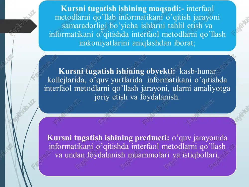 nterfaol metodlarning o’rinli, maqsadga muvofiq q’llanilishi qanday samaralarni kafolatlaydi? quyidagi ana shu kabi savollarga qisqacha javob topiladi. yuqoridagi savollarga javob topishda eng to’g’ri qadam tayanch tushuncha- “interfaol ” atamasining lug’aviy ma’nosi bilan tanishishdir “interfaol” tushunchasi ingliz tilida “interact” (rus tilida “interaktiv”) ifodalanib, lug’aviy nuqtai nazardan “inter” –o’zaro, ikki taraflama, “act” –harakat qilmoq, ish ko’rmoq kabi ma’nolarni anglatadi interfaol ta’lim –ta’lim jarayoni ishtirokchilarining bilim, ko’nikma, malaka hamda muayyan ahloqiy sifarlarni o’zlashtirish yo’lida birgalikda, o’zaro hamkorlikka asoslangan harakatni tashkil etishga asoslanuvchi ta’lim interfaollik ta’lim jarayoni ishtirokchilarining bilim, ko’nikma, malaka hamda muayyan ahloqiy sifarlarni o’zlashtirish yo’lida birgalikda, o’zaro hamkorlikka asoslangan harakatni tashkil etish layoqatiga egaliklaridir zamonaviy ta’lim, shu jumladan, uning tobora ommalashib borayotgan shakli – interfaol o’qitishda esa shaxslar o’rtasidagi suhbat (dialog) quyidagi shaxslar o’rtasida tashkil etiladi: "insert" texnologiyasi ushbu texnologiya yangi matn bilan ishlashga mo‘ljallangan bo‘lib, quyidagilarni o‘z ichiga oladi: matnni qo‘lda qalam bilan o‘qib chiqish. o‘qish davomida matnda maxsus belgilar qo‘yib …