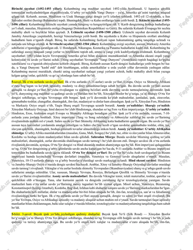 ali esa mesopotamiya yordamlar va savdo yo'llari orqali. quruqlik yo'llari :dahshurvagiza o'rtasi: tranzit aloqa yo'llari: ipak yo'li (silk road) : ipak yo'li - bu xitoydan yevropaga o'tar ekan, markaziy osiyo, parfiya, mesopotamiya, hindiston va yevropaning turli mamlakatlarini bog'lovchi uzun savdo yo'li edi. bu yo'ldan asosan ipak, qimmat bilim toshlar, ziravor, foydali bilimlar, xushbo'y yordamlar, ham yordam, madaniy va ilmiy almashilgan. g'arbiy xitoy , tojikiston , o'zbekiston va markaziy osiyoi bu yo'lda markaziy rol o'ynagan. dengiz savdo yo'llari: karfagen shohi. rim imperiyasidagi tranzit yo'llari : antik vaqt davomida va tranzit yo'llari savdo uchun emas, balki madaniyatlararo aloqalar uchun ham muhim bo'lgan. fenikliklar o'ziningretsiya va rim madaniyatlari o' ilmiylarining falsafiy va bislom sivilizatsiyasi ham ipak yo'li . 5. antik davr aloqa yo'llarining ekologik va ijtimoiy ta'siri kuchli bo‘lgan. antik davrda aloqa yo'llarining ekologik ta'siri ham muhim bo'lgan. antik davr aloqa yo'llari, iqtisodiy aloqalar, savdo aloqalar va harbiy aloqalar uchun muhim ahamiyatga ega …