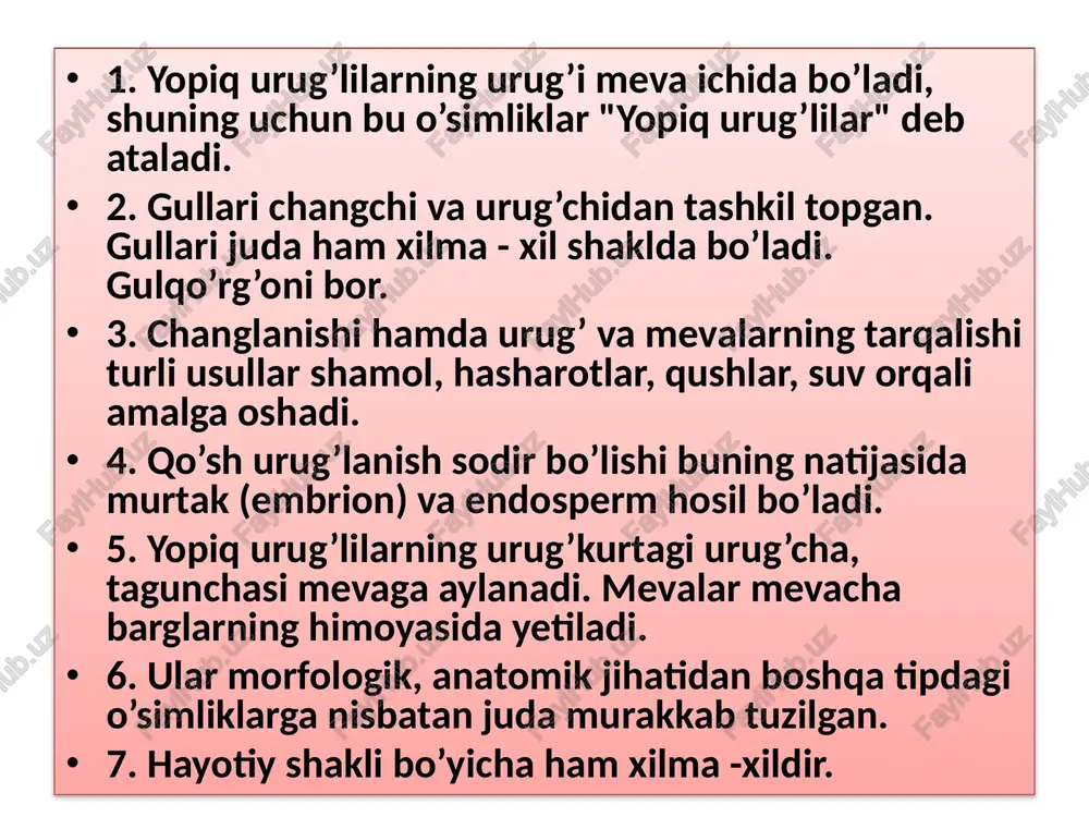 arali o’simlik sifatida ekiladi. magnoliya va lola daraxti manzarali daraxt sifatida o’zbekistonda ko’plab ekiladi. lavrnamolar qabilasi - laurales bu qabilaga 11 ta oila kiradi. qabila vakillari, asosan, tropik va subtropik hududlarda o’sadi. lavrdoshlar-lauraceae oilasining 45 turkumi, 2500-3000 ta tur kiradi. lavrlar katta oila bo’lib, tropik va subtropik hududlarda tarqalgan. keng tarqalgan turkumlari lavr (laurus), avokado (pyersea), dolchin (cinnomomum), kamfara daraxti (c.camfora) turlari kavkazda mevali daraxt sifatida ekib o’stiriladi. lavr-laurus turkumiga mansub asl laur-laurus nobilis bolib, doim yashil, o’ta hidli, gullari mayda, ayrim jinsli, ikki uyli yoki bir uyli daraxt. mevasi yong’oqcha yoki shirasiz meva, urugi endospermsiz. bargi tarkibida efir, azotli moddalar, yog’, oshlovchi moddalar va pektinlar bor. nilufardoshlar oilasi-nymphaceae bu oilaga gulli o’simliklarning eng qadimgi oilalaridan hisoblanib, oilaga 5 ta turkum, 70 ta tur kiradi. oila vakillari suvda o’sadigan ko’p yillik o’t o’simliklar bo’lib, suv yuzasida suzib yuruvchi, uzun bandli katta barg plastinkasi bo’ladi. ildiz poyasi yaxshi rivojlangan. guli ikki …