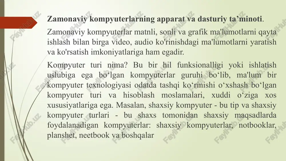 osurat ko’rinishida ifodalangan tasvirlar va boshqa grafik axborotlarni avtomatik ravishda kiritishga mo’ljallangan qurilmadir. skanerlar(ingl. scanner - o’qib oluvchi) tasvirlarni kompyuterga kiritish uchun ishlatiladi. uning yordamida matnlarni ham kiritish mumkin. buning uchun avval matn rasm ko’rinishida kompyuterga kiritiladi va timsollarni tiklovchi maxsus dasturlar yordamida matn ko’rinishiga o’tkaziladi. kommunikatsiya vositalari kompyuterlarni o’zaro hamda internet tarmog’i bilan bog’lash uchun xizmat qiladi va ular orqali ma’lumotlar almashiniladi. modem-telefon tarmog’i orqali kompyuter bilan aloqa qilish imkonini beruvchi qurilmadir. faks-modem - bu, faks orqali xabarlarni qabul qilish va jo’natish imkonini beruvchi modemdir. modem. modem modulyatsiya, demodulyatsiya so’zlaridan olingan bo’lib, uzluksiz signallarni raqamli (modulyatsiya) va raqamli ma’lumotlarni uzluksiz (demodulyatsiya) signalga almashtirib beradigan qurilmadir. uning asosiy vazifasi kompyuterlararo aloqani o’rnatishdir. monitor. monitor (displey) kompyuterda matn va grafik ma’lumotlarni tasvirlash (ko’rish) uchun xizmat qiladi. uning elektron-nurli (srt – cathode ray tube) va suyuq kristalli (jidkokristallicheskoe yoki lcd - liquid crystal display) ko’rinishlari mavjud. garchand tashqi ko’rinishidan u televizorga o’xshab …