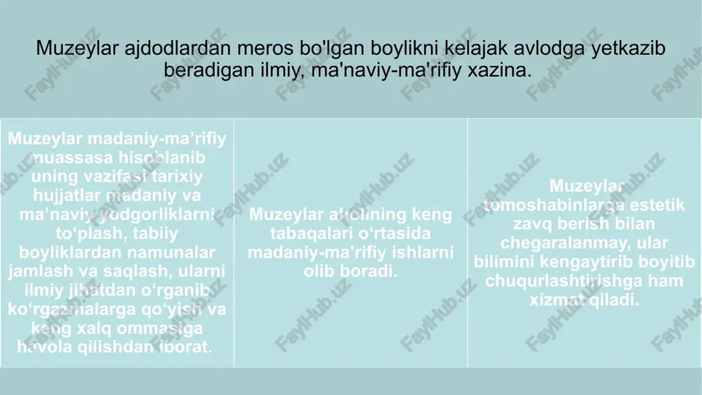 lar, shuningdek, san’at asarlari jamlanadi, shu bilan birga yozma manbalar (qadimdan hozirgi davrgacha boʻlgan tarixiy qimmatga ega qoʻlyozmalar, bosma hujjatlar, kitoblar) saqlanadi. o‘zbekiston tarixi davlat muzeyi shunday qilib, a. p. fedchenko, i. v. mushketov, v. f. oshanin, v. v. bartold va boshqalar turkistonda muzeylar qurilishining tashabbuskorlari bo‘ldilar. 1876 yil birinchi bo‘lib toshkent muzeyi (hozirgi o‘zbekiston tarixi davlat muzeyi) ochildi. shu paytdan e’tiboran, o‘rta osiyoda bosh muzeyning mavjudligi rasman tan olindi. 1896 yili samarqand, 1898 yili yettisuv, 1899 yili farg‘ona va kaspiy orti (ashxobot) o‘lka muzeylari barpo etildi. ekspozitsiyalarning mazmuniga kelsak, uning asosiy vazifalaridan biri chorizm qurolining o‘rta osiyodagi g‘alabalarini sharaflashdan iborat bo‘lib, turkistonni bosib olishdagi rus generallari va ofitserlarining ko‘rsatgan «jangovarligi» madx etilib, ularning sanoqsiz portretlari ko‘rsatilgan edi. ekspozitsiyalarda mahalliy tillarda izoh tekstlari berilmasdan, mahalliy axoli muzeyni ko‘rish va tushunish uchun qisqacha izohlarga muxtoj edi. 1877 yil yanvarda muzey etnografiya, texnik ishlab chikarish, qishloq xo’jaligi, tabiat tarixi va arxeologiya bo’yicha …