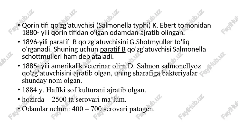 ko‘chib yuruvchi qushlar (butun umri davomida tashuvchi) odamlar: bemor, rekonvalessent (3%) sog‘lom tashuvchilar yuqish mexanizmi: alimentar (90%): 70% - go‘sht 30% - baliq va baliq konservalari 12% - tuxum (o‘rdak, g‘oz) 7% - sut 3% - meva, sabzavotlar maishiy-aloqa: bolalar, qariyalar, kuchsizlangan organizmlar. aerogen: ba’zan konyuktiva orqali. xususiyatlari: tez tarqaladi oilaviy xarakterda kasallik bosqichlari: og‘iz orqali yuqishi invaziya bakteriemiya intoksikatsiya – (toksik shok) parenxematoz a’zolarga o‘tish ajralish va allergik kasallik davrlari: yashirin davr prodromal (1-hafta) avj olish (2-hafta) rekonvalassensiya davri (3-hafta) asoratlari: 7-8% qon ketish 1% perforatsiya va peritonit 70-80 % (3-4 hafta tashuvchi) 5-10 % (yillab tashuvchi). klinikasi: boshlanishi: qaltirash, harorat, intoksikatsiya, bosh og‘rig‘i, ishtahaning yo‘qolishi, diareya, jigarning kattalashishi avj olish: kuchli bosh og‘rig‘i harorat 40-410s. status typhosis k/ch. toshma toshadi qon ketish, perforatsiya bo‘lishi mumkin tif-paratiflar diagnostikasi: 1 – haftada –bakteriemiya bo‘ladi, shuning uchun qon olinib, rapoport oziq muhitiga (1/10) nisbatda ekiladi (gemokultura) 2 – haftada –at lar …