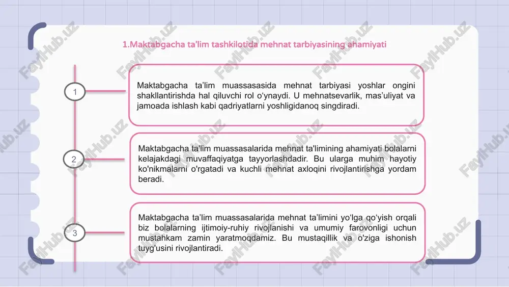 uzatish, fikr-mulohazalar va taraqqiyotni kuzatish orqali mehnat ta’limining yosh o‘quvchilar rivojlanishiga va kelajakdagi muvaffaqiyatlariga ta’sirini aniqlashlari mumkin. 1 2 3 7. maktabgacha yoshdagi bolalarga mehnat ta’limiga o‘rgatishdagi muammolarni hal qilish maktabgacha yoshdagi bolalarni mehnat ta’limiga o‘rgatishdagi muammolarni hal qilish bolalarni turli kasb-hunarlarni o‘rganishga jalb qiluvchi yoshga mos tadbirlarni yaratishni nazarda tutadi. tushunchalarni o‘zaro bog‘lash va yoshlar ongiga tushunarli qilish uchun amaliy mashg‘ulotlar, rolli o‘yinlar va hikoyalardan foydalanish muhim. qiziqarli va interaktiv usullarni o'z ichiga olgan holda, o'qituvchilar maktabgacha yoshdagi bolalarga mehnat va mehnat axloqining qadr-qimmatini muvaffaqiyatli tanishtirishlari mumkin, bu ularning kelajakdagi dunyoni tushunishlari uchun mustahkam poydevor yaratadi. 8. maktabgacha ta'lim tashkilotlari uchun mehnat ta'limining istiqboldagi yo'nalishlari maktabgacha ta’lim muassasalarida mehnat ta’limi yoshlar ongini kelajakdagi muvaffaqiyatlar uchun shakllantirishda hal qiluvchi o‘rin tutadi. bu yoshlikdan mehnatsevarlik, jamoada ishlash va mas’uliyat kabi qadriyatlarni singdiradi. kelajakka nazar tashlar ekanmiz, o‘zgaruvchan ishchi kuchi landshaftiga mos kelish uchun maktabgacha ta’lim muassasalarida mehnat ta’limini rivojlantirish zarur. bunga …