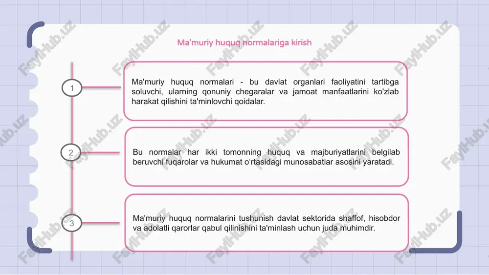 muriy jarayonlar bilan o‘zaro aloqada bo‘lgan shaxslar uchun juda muhimdir. 1 2 3 ma'muriy huquq normalarining qiyosiy tahlili ma'muriy huquq normalari turli yurisdiksiyalarda turlicha bo'lib, ularning nuanslari va oqibatlarini tushunish uchun qiyosiy tahlil qilish zarur. ma'muriy huquq me'yorlarini solishtirish ilg'or tajribalar, bo'shliqlar va turli huquq tizimlari doirasida takomillashtirish yo'nalishlarini yoritishi mumkin. ma'muriy huquq me'yorlarini turli nuqtai nazardan o'rganib, tadqiqotchilar va siyosatchilar standartlarni uyg'unlashtirish va yaxshi boshqaruv tamoyillarini global miqyosda targ'ib qilish ustida ishlashlari mumkin. ma'muriy huquq normalarining kelajakdagi tendentsiyalari ma'muriy huquq normalarining kelajakdagi tendentsiyalari hukumat qarorlarini qabul qilish jarayonlarida shaffoflik va javobgarlikni oshirishga qaratilgan. maʼmuriy tartib-qoidalarni soddalashtirish va samaradorlikni oshirish uchun texnologiya va maʼlumotlar tahlilini joriy etishga eʼtibor kuchaymoqda. huquqshunos olimlar kelajakda ma'muriy huquq normalari o'zgaruvchan siyosiy va ijtimoiy manzaralarga moslashish uchun rivojlanishda davom etishini bashorat qilmoqdalar. ma'muriy huquq normalarining xulosasi va oqibatlari xulosa qilib aytadigan bo'lsak, ma'muriy huquq normalari davlat organlarining faoliyatida hisobdorlik, oshkoralik va adolatni ta'minlashda hal qiluvchi …