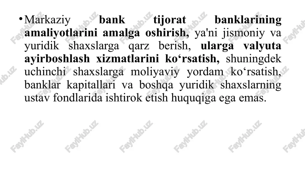 ermaniyaning frankfurt-mayn shahrida joylashgan. uning boshqaruv organi tarkibiga yevropa ittifoqiga a'zo bo‘lgan barcha davlatlarning vakillari kiradi. bank yevropa ittifoqining boshqa organlaridan butunlay mustaqil. kapital tashkil etish shakliga ko‘ra markaziy banklar quyidagilarga bo‘linadi: davlat, aksioner, aralash. davlat davlat markaziy banklarida kapital davlat hisobidan shakllantirilgan (masalan, bank tashkil etilgan paytida, germaniya federal banki kabi, yoki buyuk britaniya va fransiya markaziy banki kabi, davlat, mavjud bo‘lgan tijorat bankni milliylashtirganidan keyin). aksionerlik markaziy banklarda kapital aksiyadorlar hisobidan shakllanadi (masalan, aqsh federal zaxira tizimining kapitali tijorat aksiyadorlik banklar hisobidan shakllangan). aralash markaziy banklarda kapitalning bir qismi davlat tomonidan, qolgan qismi esa xususiy aksiyadorlar tomonidan shakllanadi (masalan, yaponiya bankida davlat 55% aksiyalarga egalik qiladi). turli mamlakatlarda markaziy banklarning nomlari uchun turli atamalar ishlatiladi: markaziy, davlat, zaxira, milliy va boshqalar: “milliy bank” nomi abxaziya, belarus, gruziya, qozog‘iston, qirg‘iziston, moldova, tojikiston, ukraina va shveysariyalarda qabul qilingan; “markaziy bank” - armaniston, ozarbayjon, eron, rossiya, turkmaniston, turkiya va o‘zbekistonda; “xalq …
