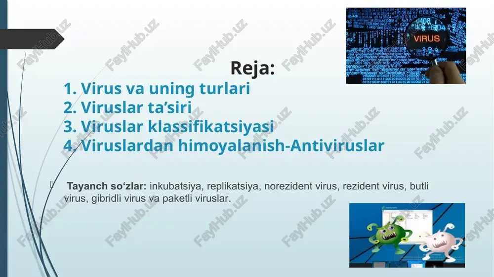 a, sezilarli darajada kamaytiradi. quyida ushbu chora­tadbirlarning asosiylari keltirilgan: shaxsiy va lokal tarmoqdagi kompyuterlarga tashqaridan internet orqali kirishni cheklovchi va nazorat qiluvchi texnik va dasturiy vositalardan foydalanish; internet orqali faqat ishonchli manbalardan axborot olish va ularning asl nusxasiga mosligini tekshirish; ma’lumotlarni uzatish va qabul qilishda kriptografiya (axborotni kodlash) usullaridan foydalanish; kompyuter viruslariga qarshi nazoratchi va davolovchi dasturlardan foydalanish. kompyuterdagi ma’lumotlarni viruslardan himoya etish uchun antivirus dasturlar ishlab chiqarilgan. antivirus dasturlar aqsh, kanada, rossiyaning bir qator firmalari tomonidan ishlab chiqarilmoqda. hozirgi kunda quyidagi antivirus dasturlari keng foydalanilmoqda: drweb for windows kaspersky anti­virus norton antivirus aidstest mcafee virusscan antiviruslar dasturlar avira internet security avast antivirus nod32 antiviruslar dasturlar foydalanilgan adabiyotlar: https://znanio.ru/ https://oefen.uz/ https://www.slideserve.com/ https://prezi.com/ e`tiboringiz uchun raxmat! image1.jpeg image2.jpeg image3.png image4.jpg image5.jpeg image6.jpg image7.jpeg image8.jpg image9.jpg image10.jpg image11.png image12.png image13.gif image14.jpg image15.png image16.png image17.png image18.jpg image19.jpg image20.png image21.jpg image22.jpeg image23.png image24.jpg image25.jpg image26.jpg image27.jpeg image28.jpg /docprops/thumbnail.jpeg