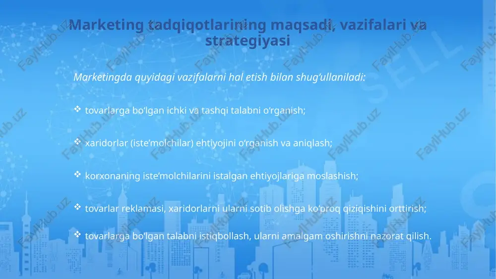 erishishning har tomonlama kompleks yondashuvidir. marketing tadqiqotlari shuni ko‘rsatadiki, marketingning alohida olingan elementlaridan amaliyotda foydalanish etarli darajada samara bermaydi. shuni e’tiborga olib, korxona faoliyatini uzoq muddatli natijalarga yo‘naltirish mavjud ehtiyojlarni qondirishga diqqatni jalb qiladi va marketingdan kompleks foydalanishga olib keladi marketing tadqiqotlarining strategiyasi yuqorida keltirilgan tamoyillarga asoslanib, korxona marketing strategiyasi va taktikasi ishlab chiqiladi. korxona marketing strategiyasi uzoq muddatli davrga mo‘ljallangan tovar va xizmatlar sotuvi va ishlab chiqarish bo‘yicha tadbirlarning ko‘p tomonlama tizimini ifodalaydi. bunda korxonaning texnologiya va ishlab chiqarish resurslarini hisobga olgan holda tovar va xizmatlar hajmini va sifatini oshirish tadbirlari ishlab chiqiladi. ko‘rsatilgan imkoniyatlarni hisobga olgan holda korxonaning rivojlanish istiqbollarini va eng optimal maqsadlarini aks ettiruvchi strategiyasi ishlab chiqiladi. korxona marketingi strategiyasini aniqlashda asosiy ko‘rsatkich korxona tovar va xizmatlar hajmi, uning ulush, foiz stavkasi, foyda va hokazoni hisobga olish kerak. strategiya — uzoq muddatli rivojlanish va harakat rejasi bo‘lib, yuqori natijalarga erishishga qaratilgandir. u korxonaning bozorda harakat qilish, …