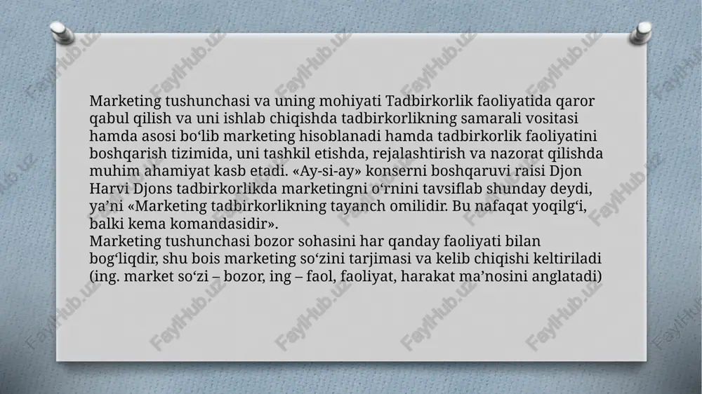 ozor ulushi, sotish hajmi, foydaning o‘sishi bilan belgilanadi. marketingning asosiy vazifalari marketing - bozorda vujudga keladigan iqtisodiy munosabatlarni faollashtirish uslublarini, tovarlarni ishlab chiqarish hamda sotish muammolarini 35 yaxlit, tizimli echish uslublarini, bozorda vujudga keladigan o‘zgarishlarga tezda moslashish, iste’molchilarga tabaqali yondashish, raqobatbardosh yangi tovarlarni vujudga keltirish va ularni ishlab chiqarishni tashkil etish, kon’yunkturani o‘rganish va bashorat qilish hamda ta’sirchan reklamani rivojlantirish masalalarini o‘rganishni o‘z oldiga maqsad qilib qo‘ygandir. marketing yoki tadbirkorlik faoliyati aniq natijaga erishish maqsadida amalga oshiriladi. marketingni asosiy maqsadlari firmaning asosiy maqsadlari bilan o‘zaro aloqadordir. talabning holati va rivojlanishiga ko‘ra marketingning turlari marketing tadqiqotlarining asosiy vazifalari marketingni rejalashtirish jarayonining tuzilishi marketing nazoratining asosiy vazifalari e’tiboringiz uchun rahmat! image3.jpeg image4.png image5.png image6.png image7.png image8.png image9.png image10.png image11.png image12.png image13.png image14.png image15.png image16.png image17.png /docprops/thumbnail.jpeg