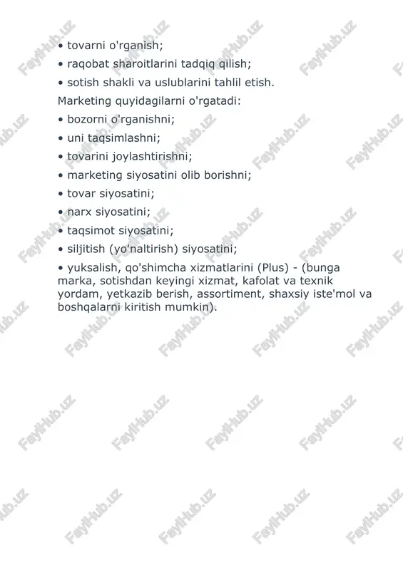 bo'lishiga qaramasdan, eng yosh biznes - fan hisoblanadi. baker(1976) marketingni bir qancha tariflari bo'lib, deyarli har bir marketing haqidagi kitob mualliflari martketingga o'zlarini ta'riflarini berishadi. marketing - sotuvchi va haridor o'rtasidagi tovar, mahsulot yoki xizmatlar almashinuvi natijasida kompaniyaning qiymati oshish jarayoniga aytiladi. foydali almashinuv natijasida sotib oluvchi biro n mahsulot, tovar yoki xizmatga ehtiyojini qondiradi, sotuvchi esa o'zining foyda ko'radi. marketingning maqsadi - yangi mijozlarni mahsulot, tovar yoki xizmat uchun jalb qilish, ularga yuqori iste'mol sifatini taklif qilib, eski mijozlarni saqlab qolgan h olda, ularning tinimsiz o'zgarib turuvchi ehtiyojlarini qondirishdan iborat. marketingning asosiy vazifasi - har bir bozorni ehtiyojlari va zaruratlarini aniqlash, ular orasidan o'z kompaniyalari boshqa raqobatchilardan ko'ra yuqori darajali xizmat ko'rsat a oladiganlarini tanlashdan iborat. bu kompaniyaga yuqori sifatli mahsulotlar ishlab chiqarish va shuning natijasida iste'molchilarning ehtiyojlarini qondirish bilan kompaniyaning umumiy foydasini oshirishdir. marketing bu nafaqat falsafa, fikrlash tarzi v a iqtisodiy tafakkur yo'nalishi, ammo ayrim firma, kompaniya, …