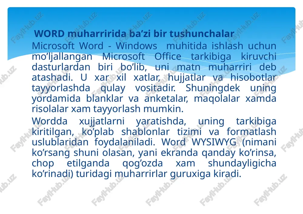 g markaziga yoki o’ng tarafiga, shuningdek bitta blok shaklida butun sahifa bo’ylab ikki tarafga xam tashkil qilish mumkin. abzasta chegaralari va birinchi satr boshlanadigan joyni gorizontalg’ chizg’ich yordamida o’rnatiladi. abzasta chegaralarining asosiy kattaliklarini format tavsiyanomasining abzast bo’limi yordamida xam o’rnatish mumkin. word muharriri microsoft firmasining mahsulidir. hozirgi kunda word muharririning versiyalari keng tarqalgan va ushbu muharrirlar faqatgina windows dasturi muhitida ishlaydi. bu muharrir yordamida yangi matnni kiritish, matnni tayyor shakl asosida kiritish, xatlarni qo’yilgan talablarga asosan tayyorlash, manzillarga jo’natish, rasm, grafik, jadval va diagrammalardan foydalanish: matnni chop etishdan avval ekranda ko’zdan kechirish, matnni kiritishda imlosini tekshirish va boshqa bir qator amallarni bajarish mumkin. word muharririda ba’zi bir tushunchalar mavjud. bu tushunchalarning tavsifi quyidagicha: avtomat – matn kiritilayotganda ayrim so’z, ibora va jumlalarni bir necha bor yozishga to’g’ri keladi. ularni qayta yozish zarur emas. avtomatn buyrug’i ularni qayta yozadi. avtomuharrir – matnni kiritish jarayonida ayrim xatolar tez-tez takrorlanadi. bu xatolarni matn …