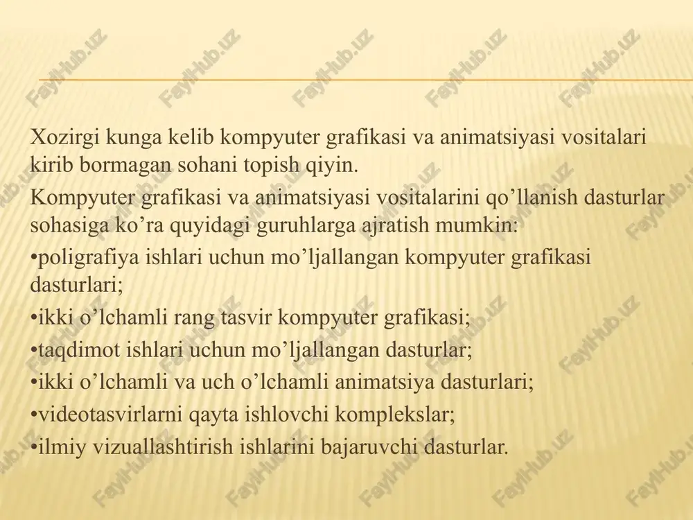 u vazifasi joriy bo’lgan instrumentning obyektlari haqida ma’lumot beradi. vositalar satrlari menu satri tagida instrumentlar satri (toolbars) joylashgan. instrumentlar satrini ekranning hohlagan joyida va har xil ko’rinishda joylashtirish mumkin. ekranga kerakli oynalarni joriy qilish uchun menyuning oyna (window) yordamida amalga oshiriladi va ular ustida quyidagi amallar bajariladi: instrumentlar (toolbars) satriga sichqonchani o’ng tononi bilan chertib muloqat oynasini paydo etamiz va parametrlar (options), rostlash dan kerakli bo’lgan instrumentlar tanlanadi. svoystva (property bar) vositalar satri svoystva (property bar) instrumentlar satridagi maydonlar va tugmalar yigindisi foydalanilayotgan instrumentlar yoki tanlangan obyektga bogliq bo’ladi, masalan, instrumentlar satridagi matn bloki tanlanganda matnning parametrlari ko’rsatiladi. holat satri (status bar) ekrandagi ishchi oynaning pastgi qismida holat satri (status bar) joylashgan, bu qatorda obyektlar haqida malumotlar yoki quyidagi parametrlar: obvodki i zalivki, parametrov shrift turi, tanlangan obyekt haqida ma’lumot va joriy instrumentlar haqida ma’lumotlar berilad. holat satrining ko’rinishi va tuzilishini o’zgartirish ham mumkin. instrumentlar paneli (toolbox) instrumentlar paneli ishchi …