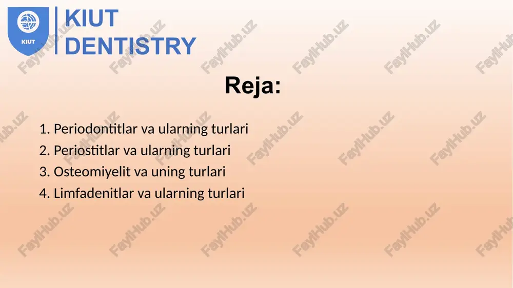 i to‘qimalarga tarqalishi odontogen yallig‘lanish kasalligining rivojlanishiga olib keladi deb hisoblanadi. kiut dentistry periodont – tish sementi va tish katakchasi devori orasidagi biriktiruvchi to‘qi ma, periodontit esa, aynan shu to‘qimaning yallig‘lanishi ekanligi aniq va ravshan. shunday ekan, yuqorida keltirilgan birinchi yondashuv mualliflarining fikriga qo‘shilish xato bo‘ladi. bir tish parodonti (tish-alveolar segmenti) chegarasidagi periodont, jag‘ su yaklari, jag‘lar atrofidagi yumshoq to‘qimalar periapikal to‘qima deb nomlangan. kiut dentistry periodontit natijasida tish katakchasi kortikal qatlami yemirilib infeksion ja rayon bir tish parodonti suyagining iligiga ko‘chsa, kechish shaklidan qat’i nazar, uni o‘tkir yoki surunkali ostit deb nomlash to‘g‘ri bo‘ladi. suyakda kechayotgan jarayonning joylashishi, tarqalganligi har xil klinik manzaraga ega bo‘lishi, o‘zi ga xos asoratlar berishi mumkin. suyakda o‘tkir kechayotgan jarayon atrofidagi yumshoq to‘qimalarni jalb etadi. bir tish parodonti chegarasida suyak iligida ke chayotgan jarayon (ostit), odatda periost ostiga yorib chiqadi va ostit rivojlanadi. bunday vaziyatda periostitni o‘tkir ostitning belgisi sifatida ko‘rish lozim. kasallik belgilari …