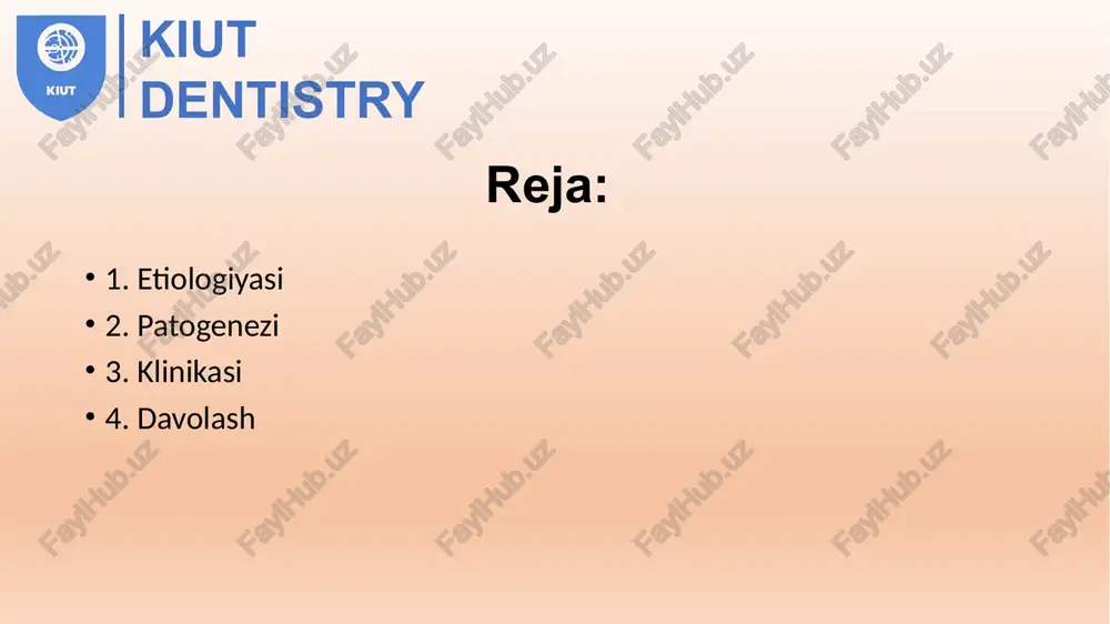 ritsga tortib olinadi. shundan so'ng ninani olmasdan, 15-20 ml antiseptik, antibiotik, fermentlar bilan yuviladi; 5) zamonaviy uslublardan ultratovish bilan tekshirish mumkin; 6) magnitorezonans tomografiya o'tkazish mumkin. kiut dentistry davolash. utkir odontogen gaymoritni davolash kompleks ravishda o'tkaziladi. albatta, infektsiya manbai bartaraf kilinishi shart, tish olinadi, periostit, osteomielit radikulyar kista kesib ochiladi va drenajlanadi. antibakterial. desensibilizatsiya kiluvchi, yalliglanishga qarshi dorilar beriladi. burun yullarini ochuvchi tomchilar buyuriladi. kiut dentistry surunkali gaymorit. surunkali gaymorit yaxshi davolanmagan o'tkir gaymoritdan so'ng rivojlanadi. ammo, surunkali gaymorit albatta o'tkir gay moritdan so'ng rivojlanishi shart emas. ko'p hollarda bu kasallik o'tkir yalliglanish belgilarisiz ham boshlanadi. kiut dentistry kiut dentistry e`tiboringiz uchun rahmat image1.png image2.jpeg image3.jpeg image4.jpeg image5.jpeg image6.jpeg /docprops/thumbnail.jpeg