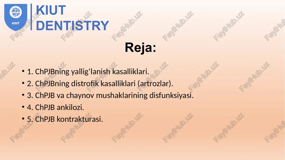 aziladi. bo'gimda va atrofida yiringli yalliglanish o'choqlari jarroxdik usulida ochiladi. bo'nga aktiv harakat buyuriladi va fizioteranevtik muolajalar o'tkaziladi. chg1jb artriti biriktiruvchi to'qima tizimi va boshqa kasalliklar bilan birgalikda kechaetgan bo'lsa shu soha mutaxasis- lar bilan birgalikda davolanadi. kiut dentistry ostsoartroz-chakka pastki jag bo'gimini surunkali distro fik kasalligidir. kasallik modda almashuvini buzilishi, neyro distrofik o'zgarnshlar, surunkali artrit, surunkali bo'g'im jarohatlari, noto'g'ri protezlash, ikkilamchi adyontiya, chaynov mu- shaklarini miodinamik muvozanatini buzilishi va boshka sabab- lar natijasida rivojlanadi. sog'lom adyontiyasi bo'lmagan odamlarda chaynov mushaklarini kiskarishi va chaynash jarayonidagi bosim bo'g'imga ogir tushmaydi chunki kuch hamma tish va periodontga bir tekisda taxsim bo'ladi. tish katorida tishlar kamaishi, ayniksa chaynov tishlarini, bo'g'imga ortikcha harakat ta'sirida o'z joidan surilishga majbur kiladi. bu esa bo'gimga bosim ko'paytiradi. bosim ta'sirida bo'g'im va bo'g'im chukurchasida suyak atrofiyasini kuchayishiga olib keladi. chakka-pastki jag ankilozi. kiut dentistry chakka-pastki jag ankilozi deganda pastki jagni bo'gim o'sigini chakka suyagidagi bo'gim chukurchasi bilan fibroz …