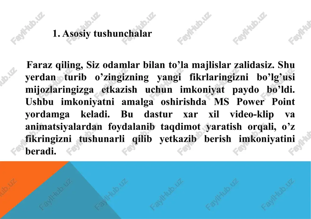 ni saqlash, boshqa taqdimotni ochish, tarqatma materiallar tayyorlash va slaydlarni chop etish kabi amallar xam fayl vkladkasi yordamida bajariladi. 3. animatsiyalarni yaratish va ular bilan ishlash ms power point 2010da ob’ektlarga o’rnatiladigan animatsiyalar avvalgilariga nisbatan birmuncha yangilangan va to’ldirilgan. slaydlardagi animatsiyali xarakatlar jonli kabi amalga oshiriladi. animatsiyalar to’rt turga bo’lingan bo’lib, ular ob’yektning slaydga kirib kelishi – vxod, slaydda ajralib ko’rinishi – videlenie, slayddan chiqib ketishi – vixod xamda slayd bo’ylab biror yo’nalish bo’yicha harakat qilishi – puti peremesheniya kabilardir. bitta ob’yektga bir nechta animatsiya o’rnatish mumkin. buning natijasida taqdimot tinglovchiga yanada tushunarli bo’lishiga erishiladi. animatsiyaning boshlanishi, harakat chegaralari va qo’shimcha parametrlari, shuningdek ularni bajarilish tartibini almashtirish kabi amallarni xam bajarish mumkin. 4. taqdimotda o’tishlar o’tishlar va mavzular bilan boyitish agar siz anchadan buyon taqdimotlar yaratish bilan shug’ullanib yurgan bo’lsangiz, u holda bir slaydni yopib boshqasini ochish uchun o’tishlar (perexodi) ishlatilishidan xabaringiz bo’lsa kerak. bu ishni ms power point 2010da …