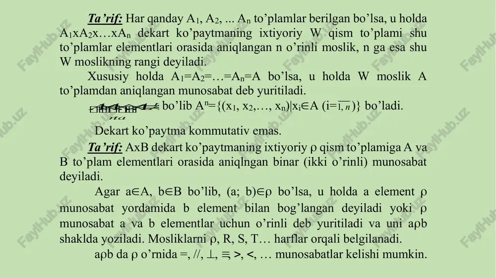 munosabatni qanoatlantiruvchi yagona y  b element mavjud bo’lsa, u holda f moslikka akslantiri sh (funktsiya) deyiladi va u f:a  b yoki y=f(x) ko’rinishlarda belgilanib a to’plam f akslantirishning aniqlanish sohasi deyiladi. misol . {(x; y): x, y  n, y=x 2 } funktsiya bo’ladi. ta’rif : y=f(x) shartni qanoatlantiruvchi tartiblangan (x; y) juftliklar to’pl ami funktsiyaning grafigi deyiladi. ta’rif . agar f:a  b akaslantirishda a=b, yani f:a  a bo’lsa, u holda f akslantyirish to’plamni o’z - o’ziga akslantiruvchi almashtirish deyiladi. y=f(x) da y element x elementning obrazi (aksi), x element esa y elementning, ya’ni f(x) ning proobrazi (asli) deb yuritiladi. ta’rif : agar b to’plamning har bir elementi asliga ega bo’lsa, u holda f:a  b aklantirishga syurektiv (ustiga) akslantirish deyiladi. misol . f:x  x 2 moslik barcha haqiqiy sonlar to’plamini manfiymas haqiqiy so nlar to’plamiga aklantirish syurektiv akslantirish bo’ladi. ta’rif : agar b to’plamning …