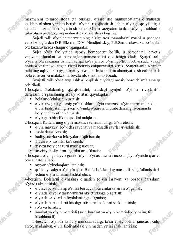 l etilishi, bolalarga ta’sir ko’rsatish darajasi, buyumlarning turlari hamda kelib chiqishiga ko’ra ijodiy va qoidali o’yinlarga bo’linadi.ijodiy o’yinlar — bolalarning mustaqil, ijodiy, o’zlari o’ylab chiqgan o’yin majmuyidir. bunda bolalar o’z taassurotlari, borliq hayotdagi tushunchalari va unga bo’lgan o’z munosabatlarini aks ettiradilar. ijodiy o’yinlar quyidagi turkumlarga bo’linadi: · sujetli-rolli; · dramalashtirilgan; · qurilish; · tabiat materiallari bilan o’ynaladigan o’yinlar. ijodiy o’yinlar va ularga rahbarlik. ijodiy o’yinlar boshqa tur o’yinlardan quyidagi xususiyatlari bilan ajralib turadi: 1. o’yin mazmunining o’ziga xosligi. 2. rollarning mavjudligi. 3.xayoliy vaziyatning mavjudligi. o’yin mazmunining o’ziga xosligi uning eng muhim xususiyatlaridan biridir. pedagog va psixologlarning tadqitotlari shuni ko’rsatadiki, kattalarning ijtimoiy hayoti o’zining rang-barang ko’rinishlari bilan sujetli-rolli o’yinlarning mazmuni bo’lib xizmat qilar ekan. ular bolalar kattalar ijtimoiy hayotining namunasini oladigan faoliyat turi o’yin ekanligini asoslab berdilar. tayyorgarlik davri, o’yinga kirishish, o’yindagi harakatlarni muhokama qilish, asosiylarini belgilab olish jarayonlariga bo’linadi. bu jarayonlar o’yin mazmunini to’laroq ifoda eta olishga, o’zaro iliq munosabatlarni …