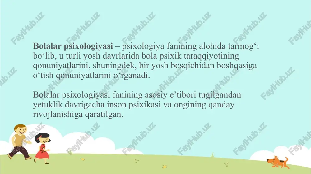 n aloqasi. 1.falsafa va bolalar psixalogiyasi. 2.pedagogika va bolalar psixalogiyasi. 3.tibbiyot va bolalar psixalogiyasi. 4.umumiy psixalogiya va bolalar psixalogiyasi. 5.ijtimoiy psixalogiya va bolalar psixalogiyasi. xulosa bolalar psixologiyasi o'quv fani sifatida bolalar rivojlanishini tushunishda muhim rol o'ynaydi. u ta'lim jarayonida muhim asoslarni tashkil qiladi. fan va ijtimoiy fanlar bilan aloqasi, amaliyoti va kelajakdagi rivojlanish istiqbollari muhim. bu soha pedagoglar va ota-onalar uchun asosiy qo'llanma bo'lib xizmat qiladi. bolalar psixologiyasining ta'lim va rivojlanishga ta'siri mustahkamlangan. uning amaliy ahamiyati va kelajakdagi imkoniyatlari yosh avlodni rivojlantirishda asosiy omil bo'ladi. e ` tiboringiz uchun rahmat! image2.png image3.png image6.png image4.png image5.png image1.png /docprops/thumbnail.jpeg