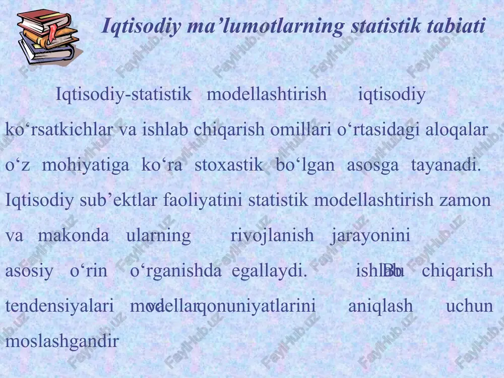lanadi. tanlama kovariatsiya ko‘rsatkichi berilgan bog‘lanishni bir xil o‘lchov birligida ifodalashni talab qiladi. bu munosabatni oddiy misol orqali ko‘rish mumkin. jadvalda tanlama sifatida o‘zbekistonda paxta etishtirish va unga sarf qilinadigan suv miqdori orasidagi bog‘lanish misoli keltirilgan. bu misoldan foydalanib kovatiatsiyani hisoblash qoidalari bilan tanishish mumrkin. yillar suv sarfi,ming m3/ga (x) hosildorlik, s/ga (y) 1 7,0 27,6 2 7,0 31,2 3 6,4 29,3 4 7,8 30,2 5 7,0 27,6 6 7,5 29,1 7 4,8 26,7 8 2,6 9,4 undan keyin o‘rtachadan har bir yil uchun x og‘ishmasini hisoblab va y miqdorlarning ularni ko‘paytiramiz. birinchi yil uchun u ga teng. bu amalni barcha yillar uchun bajarib, ularning o’rtacha qiymatini topamiz, mana shu topilgan qiymatga tanlama kovariatsiya deb aytiladi. (x  x)(y  y) 1-jadval misol. ‘ yuqoridagi misol uchun amalga oshirilgan hisoblashlar kuzatishlar x y (𝑥 − 𝑥̅) (𝑦 − 𝑦̅) (𝑥 − 𝑥̅)(𝑦 − 𝑦̅) 1 2 3 4 5 6 …