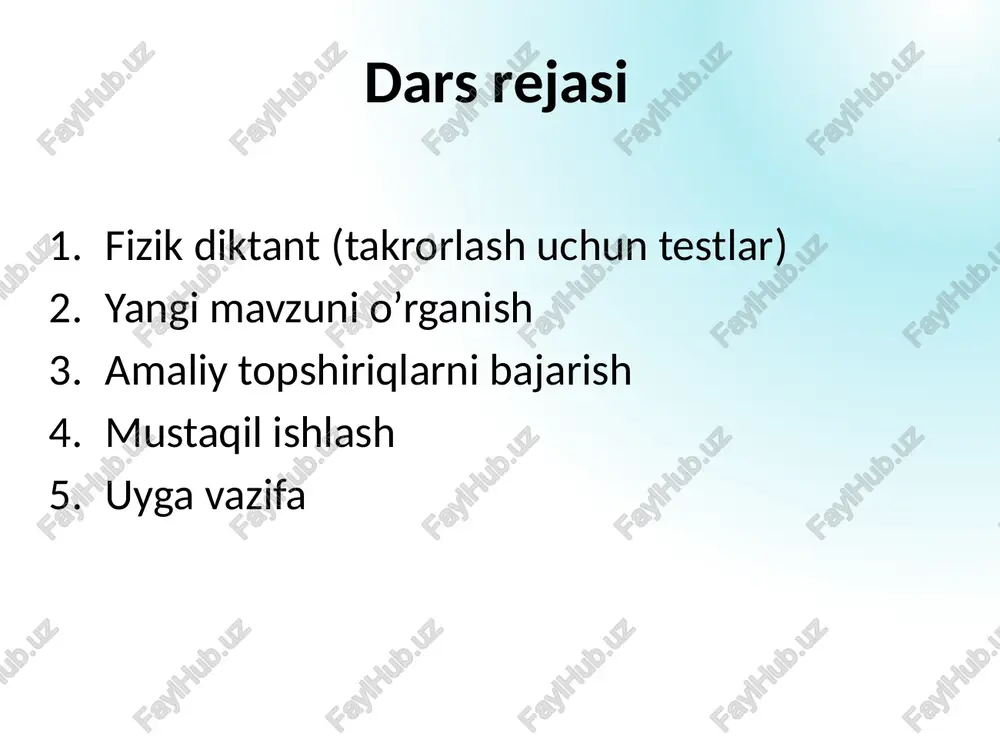 anganligi deb, musbat zaryad hosil qilgan maydonning shu zaryadga ta’sirini ko’rsatuvchi vektor kattalikka aytiladi: kuchlanganlikning o’lchov birligi: [e] = 1 n/c = 1 v/m elektr maydoni kuchlanganligi elektr maydon kuchlanganligi vektor kattalik. vektorning yo’nalishi har bir nuqtadagi musbat zaryad kuch chiziqlari yo’nalishiga mos keladi. enerjayzer kuchlanganlik – elektr maydonining kuch xarakteristikasi agar a nuqtada zaryad q > 0, bo’lsa, kuchlanganlik va kuch chiziqlari bir tomonga yo’nalgan; q < 0 da vektorlar qarama qarshi yo’nalgan. kuchlanganlik vektorining yo’nalishi zaryadning ishorasiga bo’g’liq emas, kuch yo’nalishiga bog’liq elektr maydoni superpozitsiya prinsipi elektr maydoni kuch chiziqlari superpozitsiya prinsipi : berilgan nuqtada zaryadlar to’plamining hosil qilgan elektr maydoni kuchlanganligi, har-bir zaryad hosil qilgan maydon kuchlangaliklari vektorlarining yig’indisiga teng: elektr maydonini ko’rgazmali taqdim qilish uchun kuch chiziqlaridan foydalaniladi elektr maydonining kuch chiziqlari kulon maydonining kuch chiziqlari elektr dipoli maydonining kuch chiziqlari bir jinsli va bir jinsli bo’lmagan maydon kuchlanganligi chiziqlarini solishtiring kuch chiziqlari(yoki kuchlanganlik chiziqlari) — …