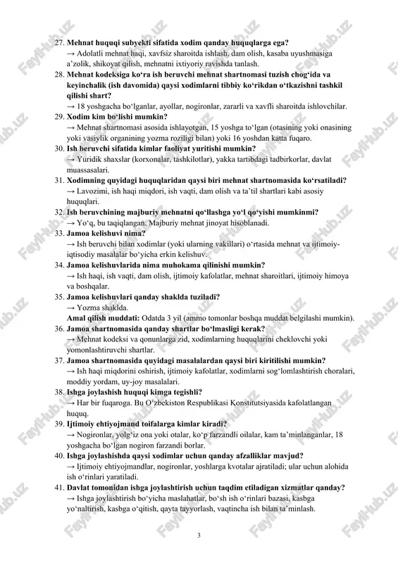 itlari" tizimiga kiradi, bu ishchilarning ishlash vaqtini, ta'til va dam olish kunlarini tartibga soluvchi normalarni o‘z ichiga oladi. 19. mehnat huquqi va fuqarolik huquqi o‘rtasidagi asosiy farq nimada? mehnat huquqi ishchi va ish beruvchi o‘rtasidagi mehnat munosabatlarini tartibga solsa, fuqarolik huquqi kengroq shaxsiy va iqtisodiy munosabatlarni tartibga soladi. 20. qaysi huquq sohasi mehnat huquqiga eng yaqin hisoblanadi? fuqarolik huquqi, chunki mehnat shartnomalari va boshqa ish munosabatlari ko‘pincha fuqarolik huquqi doirasiga kiradi. 21. mehnat huquqining lokal tartibga solish uslubi qanday namoyon bo‘ladi? → ish beruvchi tomonidan ichki mehnat tartibi, lavozim yo‘riqnomalari, kollektiv shartnomalar orqali belgilanadi. 22. mehnat huquqiy munosabat subyekti bo‘lib kimlar qatnasha oladi? → xodimlar, ish beruvchilar va ularning vakillari (kasaba uyushmalari, boshqa vakillik organlari). 23. ishchi va ish beruvchi o‘rtasidagi kelishuvni qanday hujjat belgilaydi? → mehnat shartnomasi. 24. mehnat huquqining asosiy vazifalaridan biri nima? → xodimlar mehnat huquqlarini himoya qilish va adolatli mehnat sharoitlarini ta'minlash. 25. mehnat shartnomasi nima …