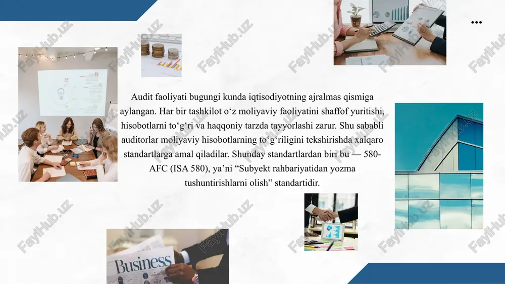 javobgarligimizni tasdiqlaymiz. barcha zarur hujjatlar auditorlarga taqdim etilgan, yashirin majburiyatlar mavjud e mas.” yozma tushuntirishlar auditorlik dalillarining muhim qismini tashkil etadi, ammo ular yakka o‘zi ishonchli dalil sifatida qabul qilinmaydi. auditor ularni boshqa manbalar bilan solishtirib, aniqligini baholaydi. rahbariyat tushuntirish xati auditorlik hujjatlar to‘plamida 3 yilgacha saqlanadi. 2022-yilda o‘zbekistondagi 250 dan ortiq auditorlik tashkilotining 96%ida 580-afc talablari to‘liq qo‘llanilgan. agar xat noto‘g‘ri ma’lumot bersa, bu “soxta axborot taqdim etish” (jk 228-modda) bo‘yicha javobgarlikka sabab bo‘ladi. moliyaviy hisobotlar tegishli standartlarga muvofiq tuzilganligi. auditorlik uchun zarur bo‘lgan barcha hujjatlar, dalillar va ma’lumotlar taqdim etilganligi. yashirin majburiyatlar, sud ishlari yoki da’volar mavjud emasligi. hisobot tuzilgan kundan keyingi muhim voqealar to‘g‘risida auditor xabardor qilinganligi. ichki nazorat tizimi haqida to‘liq ma’lumotlar berilganligi. www.reallygreatsite.com mazkur hujjat auditor va rahbariyat o‘rtasidagi ishonchli aloqani rasmiylashtiradi, ularning mas’uliyatini aniq belgilab beradi. yozma tushuntirishlar yordamida auditor audit riskini kamaytiradi va o‘z xulosasini asosli dalillarga tayangan holda tayyorlaydi. agar rahbariyat yozma …