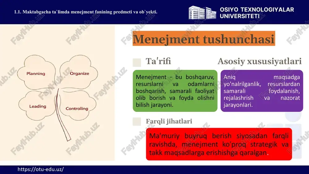 ktabgacha ta`limda menejment fanining ilmiy uslublari. 10 tashkilotning ichki va tashqi muhiti ichki muhit tashkilot ichidagi vaziyatli omillar: maqsadlar, struktura, vazifalar, texnologiya va odamlar. tashqi muhit tashkilotga ta'sir ko'rsatuvchi tashqi omillar: iqtisodiy sharoitlar, iste'molchilar, raqobatchilar, texnologiyalar va qonunlar. 1.2. maktabgacha ta`limda menejment fanining maqsadi va vazifalari. maktabgacha ta`limda menejment fanining ilmiy uslublari. 11 tashkilot resurslari inson resurslari tashkilotning asosiy harakatlantiruvchi kuchi. kapital resurslar tashkilot faoliyatini moliyalashtirish manbai. moddiy resurslar ishlab chiqarish va xizmat ko'rsatish uchun zarur bo'lgan ashyolar. texnologiya va axborot zamonaviy boshqaruv va ishlab chiqarish vositalari. 1.2. maktabgacha ta`limda menejment fanining maqsadi va vazifalari. maktabgacha ta`limda menejment fanining ilmiy uslublari. 12 mehnat taqsimoti gorizontal mehnat taqsimoti ishning tarkibiy qismlarini mutaxassislar o'rtasida taqsimlash. vertikal mehnat taqsimoti boshqaruv va ijro etish vazifalarini ajratish. 1.2. maktabgacha ta`limda menejment fanining maqsadi va vazifalari. maktabgacha ta`limda menejment fanining ilmiy uslublari. 13 nazorat sohasi keng nazorat sohasi bir rahbarga ko'p odamlar bo'ysunadi, tekis boshqaruv strukturasi. …
