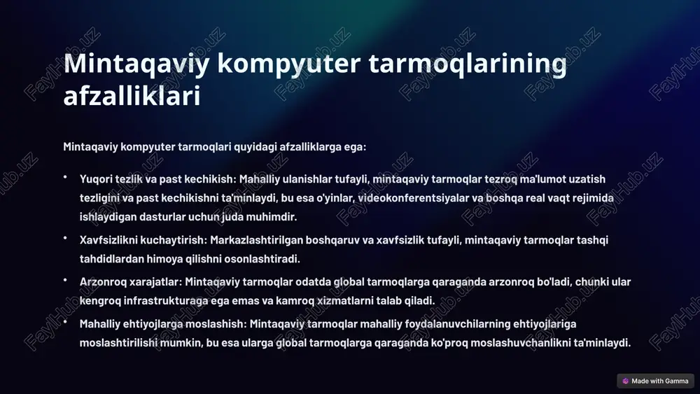 r bilan aloqa qilish, biznes yuritish va ma'lumot almashish imkonini beradi. 6 global kompyuter tarmoqlarining kamchiliklari global kompyuter tarmoqlari quyidagi kamchiliklarga ega: xavfsizlik muammolari: global tarmoqlar ulkan hajmi va ochiqligi tufayli kiberxujumlar va ma'lumotlarni buzish xavfi ostida. tezlikning o'zgarishi: ma'lumotning uzoq masofalarga uzatilishi tufayli, global tarmoqlar tezlikning o'zgarishiga moyil bo'lishi mumkin, bu esa o'yinlar va videokonferentsiyalar kabi real vaqt rejimida ishlaydigan dasturlar uchun muammo bo'lishi mumkin. qonunchilik va madaniy farqlar: global tarmoqlar turli xil mamlakatlardagi qonunchilik va madaniy farqlarga duch kelishi mumkin, bu esa ma'lumotlarni uzatish va xavfsizlik qoidalarini murakkablashtirishi mumkin. 7 mintaqaviy va global tarmoqlarning o'zaro munosabatlari mintaqaviy va global kompyuter tarmoqlari bir-biri bilan chambarchas bog'liq. mintaqaviy tarmoqlar global tarmoqlarga kirish imkonini beradi, bu esa foydalanuvchilarga dunyo bo'ylab ma'lumotlar va xizmatlarga kirish imkonini beradi. shu bilan birga, global tarmoqlar mintaqaviy tarmoqlarning rivojlanishiga va o'sishiga yordam beradi, chunki ular texnologiyalar, xizmatlar va bilimlarni baham ko'rishga imkon beradi. mintaqaviy va global …