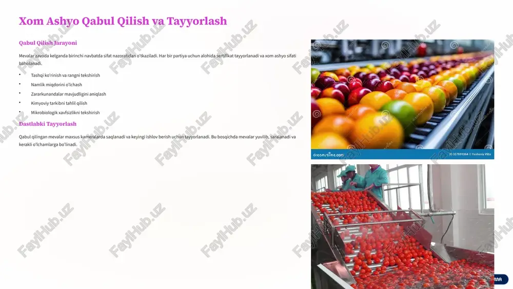 uchun xalqaro sertifikatlar zarur. 6 qadoqlash va saqlash tizimi zamonaviy qadoqlash texnologiyalari quritilgan mevalarni uzoq muddat saqlash uchun maxsus qadoqlash materiallari ishlatiladi. vakuum qadoqlash, modifikatsiyalangan atmosfera va boshqa ilg'or usullar qo'llaniladi. polietilen va polipropilen paketlar alyuminiy folga bilan qoplangan qadoqlar vakuum qadoqlash tizimi inert gaz bilan to'ldirish saqlash sharoitlari tayyor mahsulot maxsus omborlarda saqlanadi. harorat, namlik va yorug'lik nazorat ostida tutiladi. har bir mahsulot turi uchun optimal saqlash sharoitlari ta'minlanadi. 7 iqtisodiy samaradorlik va moliyaviy tahlil 2.5m dastlabki investitsiya zamonaviy quritish zavodini qurish uchun zarur bo'lgan dastlabki kapital miqdori (aqsh dollari) 18 qoplash muddati investitsiyalarni qoplash uchun zarur bo'lgan muddat (oylar hisobida) 35% foyda darajasi yillik foyda darajasi investitsiyaga nisbatan foiz hisobida 500 kunlik unumdorlik zavodning kunlik ishlab chiqarish quvvati (kg hisobida) mevalarni quritish zavodi yuqori daromadli biznes hisoblanadi. dastlabki investitsiyalar katta bo'lsa-da, mahsulotga yuqori talab va eksport imkoniyatlari tufayli tez orada o'z-o'zini qoplash mumkin. energiya tejamkor texnologiyalar ishlatish orqali …
