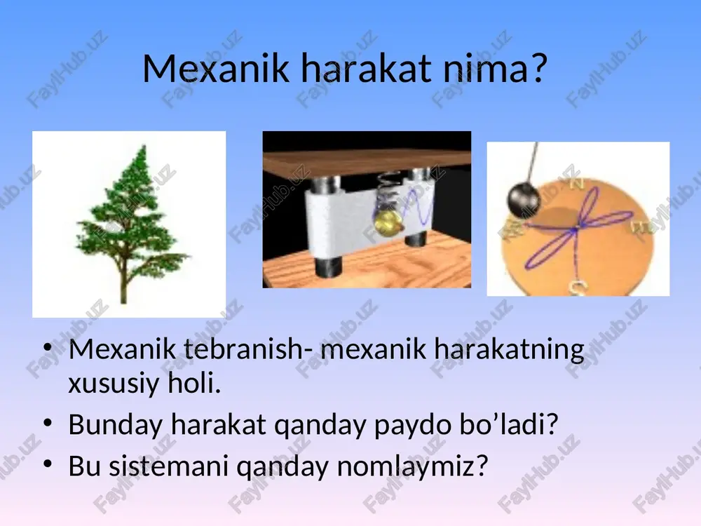 ipga osilgan moddiy nuqta vaznsiz eleastik prujinaga mahkamlangan v kurse shkolnoy fiziki rassmatrivayutsya dve modeli mexanicheskix kolebatelnix sistem: prujinniy i matematicheskiy mayatniki * tebranma harakat tenglamasi α u r u =r*cos α t bunda α = ω t primer periodicheskogo dvijeniya: dvijenie po okrujnosti. pokajem, chto eto toje kolebatelnoe dvijenie. rassmotrim izmenenie proektsii dvijeniya na vertikalnuyu os. kak budet izmenyatsya koordinata po gorizontalnoy osi? * tebranma harakatning fizikaviy tavsiflari fizik kattaliklar belgilanishi o’zgarish tavsifi formulasi boshqa kattaliklar bilan munosabati koordinatasi x davriy r*sin ωt tezligi v davriy v*cos ωt kuchi f davriy -f*sin ωt tezlanishi a davriy -(f/m)*sin ωt davri t o’zgarmas t/n amplitudasi λ o’zgarmas v/t chastotasi ω o’zgarmas 2π/t * davrning jism massasiga bog’liqligi t = 2π vivod formuli nado sdelat na doske, mojno s pomoshyu uchenikov * matematik mayatnik t = 2π x * mayatnik turlari va ularning tavsiflari o’rganganlarni mustahkamlash. test 1. nuqtaning ko’chish grafigi tasvirlangan. …