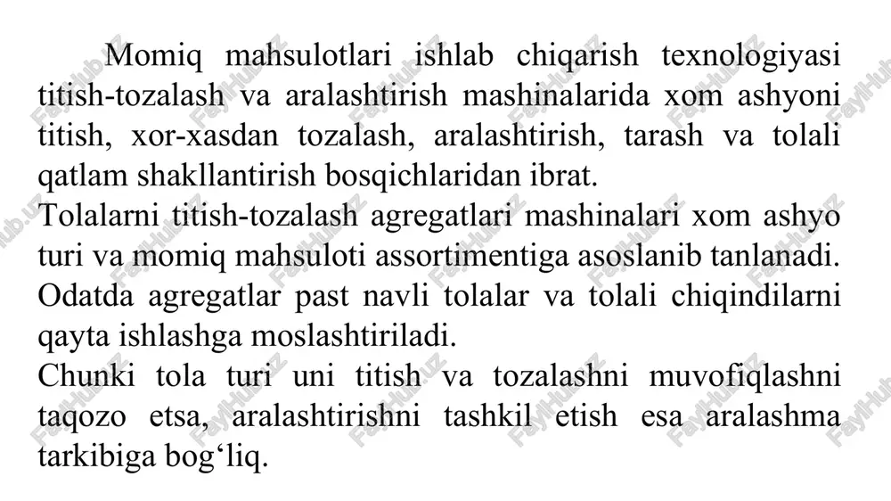 artibiga bog‘liq. tolali aralashma ko‘p komponentli, turli sifat tarkibli xom ashyodan iborat bo‘lganda ko‘p tarmoqli agregatlar tavsiya etiladi. bunda chiqindilarni tozalash bilan navli tolalarni titish-tozalash alohida tashkil etilishi maqsadga muvofiqligini ko‘rsatish o‘rinlidir. sababi, tolali chiqindida kalta tola va xor-xasni ko‘p bo‘lishi jadal titish va tozlashani taqozo etadi. shunday jadallikda navli tolalarni qayta ishlash, xususan, ularni chiqindilar bilan aralashtirilgandan keyin jadal tozalash chiqindiga tola chiqib ketishini ko‘payishiga olib kelishi mumkin. turli tolalar va chiqindilarni momiq ishlab chiqarish uchun yoritilgan. shu bilan bir qatorda momiq ishlab chiqarish uchun zarur talablar ip yigirish yoki noto‘qima mato uchun belgilangan texnologik shartlardan ancha farqlanadi. demak, momiq ishlab chiqarishda titish-tozalash agregati vazifasiga ko‘ra titish, tozalash va aralashtirish titish-tozalash agregatidan chiqayotgan tolalar shaklsiz tolali topgan momiq mahsulotlari tayyorlanadi. taralgan paxta momig‘i avtomatlashtirilgan potok liniyalarda ishlab chiqariladi. “balkan textile” firmasiga 1960-yilda turkiyaning aydin shahrida injener-mexanik o‘zdemir balkan tomonidan asos solingan. balkan firmasi o‘z ishini to‘qimachilik mashinalarining ehtiyot qisimlarini …