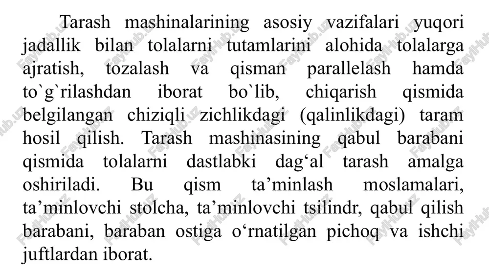 i tarash uchun qo‘llaniladi. dunyo mamlakatlarining yigirish korxonalarida ««truetzschler» (germaniya), «rieter» (shveysariya), «marzoli» (italiya), «howa» (yaponiya) firmalarining tarash mashinalari samarali ishlatilmoqda. tarash mashinalarini tolalar bilan ta’minlash har qanday turdagi tarash mashinalarida uzluksiz tarashda jarayon ketma-ket uchta operatsiyadan iborat bo‘ladi: mahsulotni (xolstni) ingichkalashtirish va yirik iflosliklardan tozalash, tishli va ignali yuzalar bilan tolalarni tarash va taramni olib tashlash va pilta hosil qilish. tarash mashinalarini tolali mahsulot bilan ta’minlashning ikki usuli mavjud: xolst (tolali qatlam o’ramasi) usuli va bunkerli usul. xolst usuli klassik hisoblanib, tolali qatlamni tarash mashinasiga uzatilishi xolst valigi yordamida amalga oshirilgan. xolstlarning tez-tez almashtirilishi, ularning transportirovkasida qo‘l mehnatining ishlatilishi, xolst uzuqlari miqdori ko‘pligi va mashina unmdorligining pastligi ushbu usulning kamchiligi hisoblanadi. tarash mashinasini xolstli (a) va bunkerli (b) ta’minlash usuli tarash jarayoni aksariyat hollarda chmm-14vm yoki chmm-14vo tarash mashinalarida amalga oshiriladi. chmm-14vm tarash mashinasi i—v nav paxta tolalarini qayta ishlaydi, unda tibbiyot uchun mo‘ljallangan momiq mahsulotlari ishlab chiqariladi. oqartirilgan …