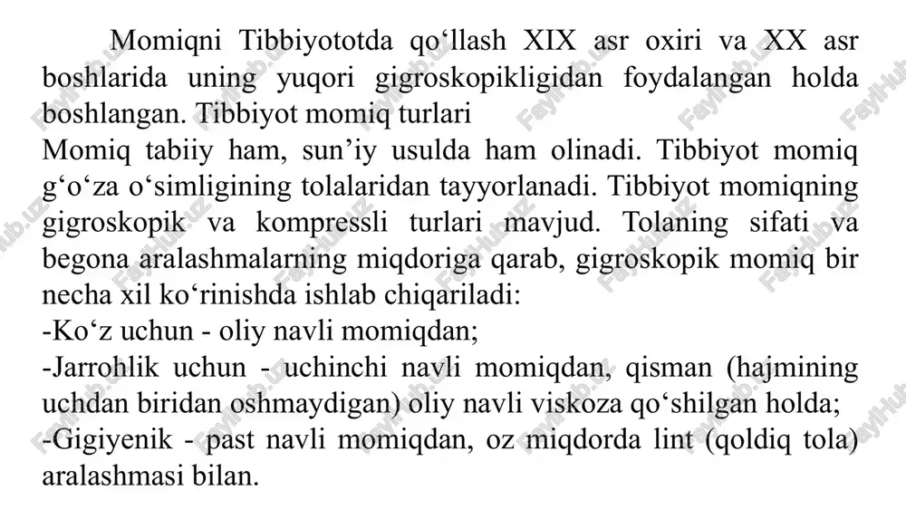 alar o‘rtasidagi bog‘liqlikni saqlaydigan, shuningdek, ixtiyoriy qalinlikdagi parallel qatlamlarga oson ajraladigan bo‘lishi kerak. qo‘llanilish sohasiga qarab, u steril yoki nosteril turlarga bo‘linadi tibbiyot momiqning fizik-mexanik va kimyoviy xossalari tibbiyot gigroskopik momiq texnik reglament bo‘yicha standartning qat’iy talablariga muvofiq ishlab chiqariladi (gost 5556-81 va davlatlararo standart gost 5556-2022 ga muvofiq): ko‘rsatkichlar nomi momiq uchun me’yoriy ko'rsatkichlar momiq uchun me’yoriy ko'rsatkichlar momiq uchun me’yoriy ko'rsatkichlar oftalmologik jarrohlik gigiyenik zich taralmagan tola tugunlari to‘plamlarining massa ulushi, foizda, ko‘pi bilan 1,5 2,4 5,0 kalta tolalar (5 mm dan kam) va momiq changining massa ulushi, %, ko‘pi bilan 0,10 0,15 0,20 begona aralashmalar: ignalar va boshqa yot moddalar tarkibi. tibbiyot momiqda ruxsat etilmaydi tibbiyot momiqda ruxsat etilmaydi tibbiyot momiqda ruxsat etilmaydi yog‘ va mumsimon moddalarning massa ulushi, %, ko‘p emas 0,30 0,35 0,50 namlik, %, ko‘p emas 8 8 8 so‘rish qobiliyati, g, kamida 21 20 18 xlorli tuzlarning massa ulushi, %, ko‘p emas 0,04 …