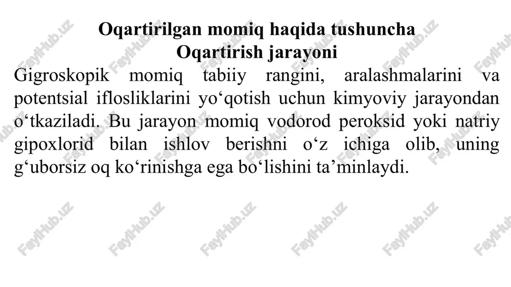 r operatsiyadan so‘ng tola yaxshilab yuviladi. kimyoviy ishlov berilgandan so‘ng tolassentrifugada siqib olinadi, nam tola volchoklarda (titkichlarda) titiladi va quritish mashinalarida quritiladi. quritilgan tola yana titiladi, tarash mashinalarida taraladi va olingan taram rulonlarga o‘raladi. sterilizatsiyalangan momiq olish uchun rulonlar pergament qog‘ozlarga o‘raladi, 125—130°s harorat va 196 kpa bosim ostida avtoklavlarda ishlov beriladi. tibbiyot momig‘i olishda xom ashyo bosim ostida ishqorli eritmada qaynatiladi va so‘ngra giposulfit natriy moddasi bilan ishlov beriladi. natijada tolalar oqarib, tez ho‘llanish va namlikni shimib olish xossasiga ega bo‘ladi. qaynatish jarayonida yuqqan moylar va mumlarni yuvib tashlash maqsadida tolali massa sovunlanadi. xom ashyo qaynatilgandan so‘ng sovunlangan (ohaklangan, alyumin oksidli va h.k.) mahsulotlarni chiqarib yuborish uchun avval qozonda, keyin yuvadigan maxsus oval mashinada yuviladi. qoralarni yuvadigan mashinada yuvilgandan so‘ng xom ashyo yog‘ochli yoki beton baklarga solinadi, bu yerda avval 1,5 soat muddatda 0,2% li sul fat kislotasi eritmasida ivitiladi. so‘ngra 1,5 soat moboynida yuviladi, 0,2-0,3° li gipoxlorid natriy …