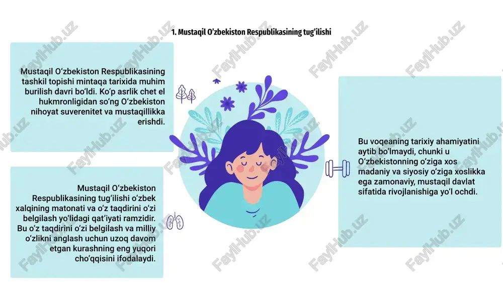 sovet ittifoqi tarkibida bo‘lgan mamlakat mustaqilligi va suverenitetini qo‘lga kiritdi. mustaqillik bayrami: o‘zbekiston respublikasi o‘zbek xalqi uchun o‘z yo‘lini belgilab olish va kelajagini shakllantirishdagi qat’iyatlilik va qat’iyat ramzi bo‘lgan muhim voqeadir. bu muhim voqea mamlakatning boy madaniy merosi va xalqining o‘z milliy o‘zligini asrab-avaylash, farovon va gullab-yashnagan davlat qurish yo‘lidagi qat’iy intilishidan dalolatdir. mars is a cold place 7. millat qurish: o‘zbekiston mustaqilligining tarixiy mazmuni mustaqil o‘zbekiston respublikasining tashkil topishi xalq tarixidagi muhim burilish davri bo‘lib, sovet hokimiyati tugatilib, yangi erkinlik va o‘z taqdirini o‘zi belgilash davri boshlanganidan darak berdi. “xalq qurish: “o‘zbekiston mustaqilligining tarixiy mazmuni” asari o‘zbek xalqi o‘zligini shakllantirish va yagona, mustaqil davlat yaratish yo‘lida qanday qiyinchiliklar va g‘alabalarga erishganini ko‘rsatadi. o‘zbekistonning o‘ziga xos madaniyati, an’analari, siyosiy manzarasiga ega suveren davlat sifatida ravnaq topishiga zamin yaratgan mazkur voqeaning tarixiy ahamiyatini aytib bo‘lmaydi. mental health infographics 1991 yilda mustaqil o‘zbekiston respublikasining tashkil topishi mamlakat uchun tarixiy burilish davri bo‘lib, …