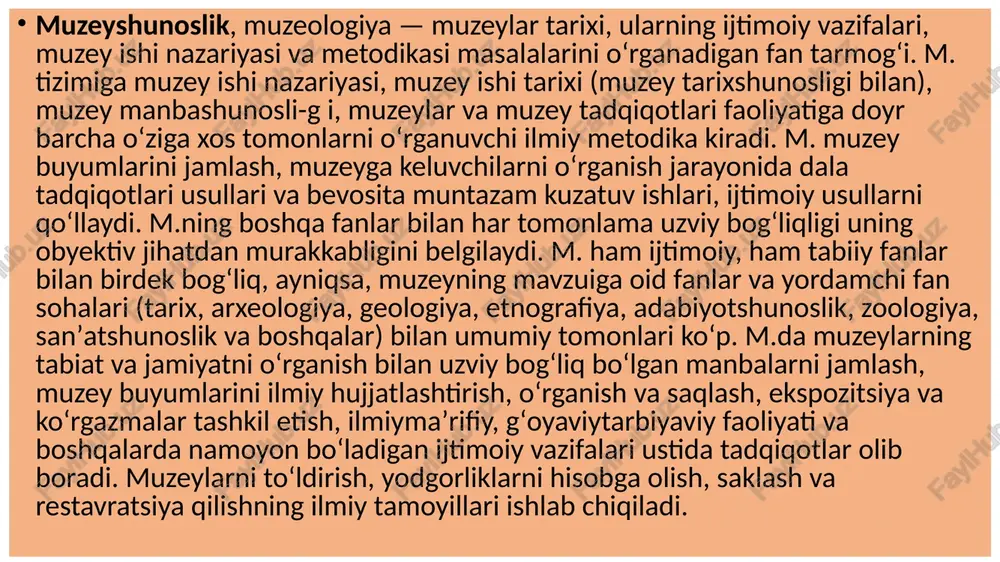 an va saqlanayotgan kollektsiyalar hajmiga mosligi. muzeyshunoslik predmeti muzeyshunoslikning predmeti ijtimoiy axborot, olish va bilimlarni etkazish an`ana va extiroslarni muzey predmetlari vositasida tuplash va saklash jarayoniga, muzey va muzey ishining vujudga kelishi, rivojlanishi va ijtimoiy faoliyati jarayoniga boglik bulgan ob`ektiv konuniyatlar doirasidir. xozirgi kunda muzey predmeti inson faoliyati va tabiat xayotining bevosita natijasi bulishi asil yodgorlik sifatida kurib chikiladi. mzuey predmetlarining buyumli va tasviriy axborot tashuvchiligi bilan muzeyning jamitda vujudga keladigan boshka xujjatli institutlardan fark kilishi aloxida ta`kidlab utiladi. inson tomonidan yaratilgan predmetlar ilgor tajribani tuplaganliklari, axborotni tuplaganligi va etkazganligi uchun xam "tarixiy xotira" funktsiyasini bajaradilar. muzey predmetlari nafakat bilimning birinchi manbai balki madaniy tarixiy kadriyatlar xamdir. muzey - bu madaniy-tarixiy, tabiy-ilmiy qadriyatlarni aniqlash, muzey predmetlari vositasida axborotni to’plash va tarqatish uchun mo’ljallangan tarixiy belgilangan, ko’pqirrali ijtimoiy axborot muassasadir. ma`lum tarxiy sharoitda muzeylar faoliyati ijtimoiy faoliyatning alohida qkatlami sifatida - muzey ishining mavjud bo’lishi bilan belgilanadi. uning tarkibiga muzeylarning amaliy …