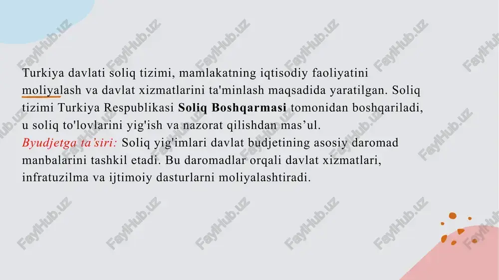 blag’larni yig'adi. turkiyada transport solig’i stavkalari avtomobilning turi, yili va motori hajmiga qarab farqlanadi. asosiy stavkalar: kichik hajmli avtomobillar (1,6 litr gacha): yiliga 1,400-2,600 tl. o'rta hajmli avtomobillar (1,6-2,0 litr): yiliga 2,600-6,000 tl. katta hajmli avtomobillar (2,0 litr va undan yuqori): yiliga 6,000-14,000 tl. 8. ekologik soliqlar: ahamiyati: atrof-muhitni muhofaza qilish va ekologik barqarorlikni ta'minlashda ahamiyatlidir. ekologik soliq stavkalari o'zgaruvchan bo'lib, hukumatning ekologik siyosatiga qarab yangilanadi. soliq turlari: turkiyada to'g'ridan-to'g'ri va giroskopik soliqlar (masalan, korporativ soliq, daromad solig'i, qo'shimcha qiymat solig'i) ko'proq rivojlangan. o'zbekistonda esa, soliq tizimi ko'proq mahalliy va davlat soliqlariga bo'lingan. soliq stavkalari: turkiyada soliq stavkalari ko'pincha yuqoriroq va turlicha bo'lib, har bir soliq turi uchun maxsus stavkalar belgilangan. o'zbekistonda esa, soliq stavkalari ba'zan yagona yoki soddalashtirilgan bo'lishi mumkin. soliq qonunchiligi: turkiya soliq qonunchiligi doimiy ravishda yangilanib boradi va xalqaro standartlarga moslashtiriladi. o'zbekistonda esa, so'nggi yillarda islohotlar o'tkazilsa-da, ba'zi qonunlar barqaror va o'zgarishlarga sekin javob beradi. soliq to'lov …