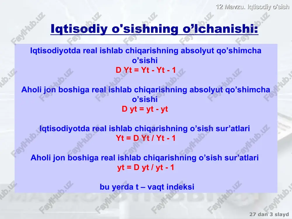 miga ega bo’lgan ishlab chiqarish funksiyasi bilan tavsiflanadi: y =f(k,l) y= f(k) k y y – 1 ishchiga to’g’ri keladigan ishlab chiqarish hajmi (mehnat unumdorligi) k – kapital bilan qurollanganlik darajasi (1 ishchiga to’g’ri keladigan kapital hajmi) k=k/l 27 dan * slayd 12 mavzu. iqtisodiy o’sish texnologiya va mehnat resurslarining hajmi o’zgarmas holdagi talab y=c+i c=(1-s)y i=sy c – iste’mol normasi s – jamg’arma normasi i – investitsiyalar ishlab chikarilgan mahsulotning iste’mol va investitsiya bo’lishini jamg’arma normasi (s) belgilaydi y mpk c= f(k) y i = sf(k) k 27 dan * slayd 12 mavzu. iqtisodiy o’sish texnologiya va mehnat resurslarining hajmi o’zgarmas holda kapital zaxiralariga ta’sir etadigan omillar 1 ishchiga to’g’ri keladigan kapital zaxiralari (k) investitsiyalar i=sy=sf(k) amortizatsiya =  k – bir yil ichida 1 ishchiga to’g’ri keladigan kapital zaxiralarning o’zgarishi i – bir yilda 1 ishchiga to’g’ri keladigan investitsiyalar hajmi  - bir yil ichida kapitalning ishdan chiqib …