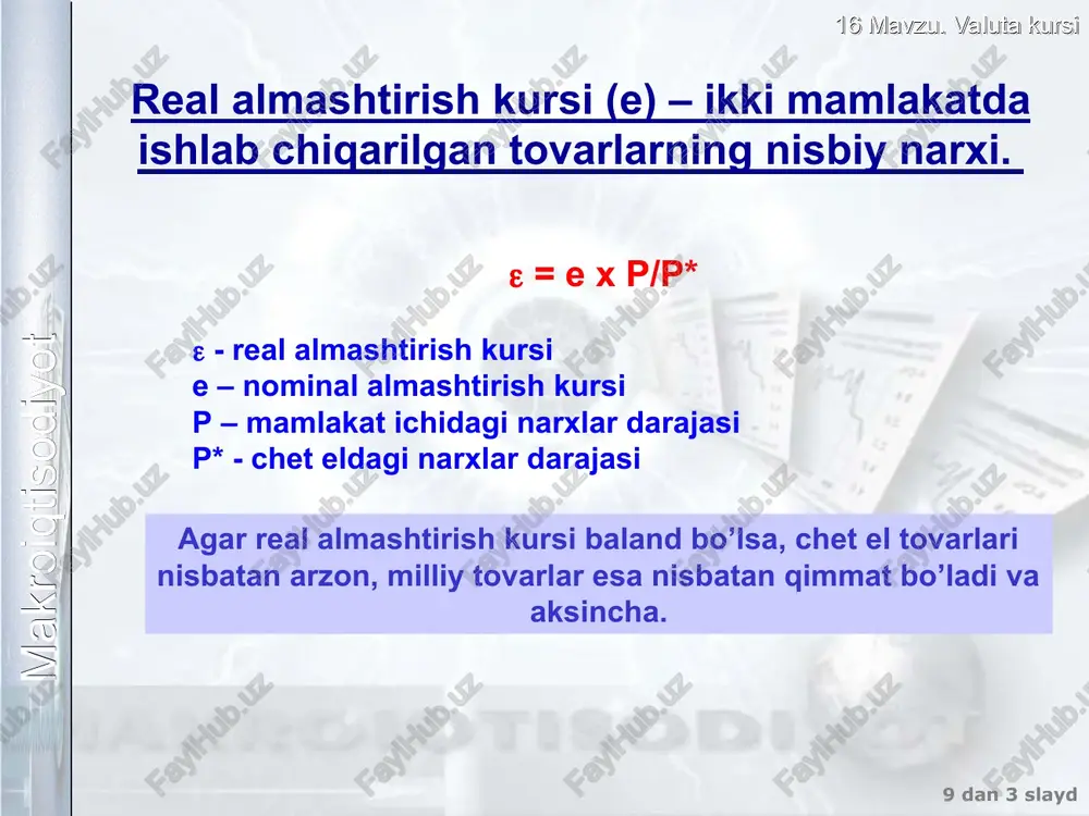 amlakatda investitsiya bo’lgan talab oshsa investitsiya hajmi (i) oshadi, s-i qiymati esa kamayadi. bu real almashtirish kursining oshishiga va sof eksportning nx kamayishiga olib keladi. tashqi savdo siyosatning ta’siri. boj cheklarini kiritilishi nx(e) egri chiziqni tepaga surib, faqatgina real almashtirish kursining oshishiga olib keladi, chunki real almashtirish kursining oshishi boj cheklari kiritilishi sababli import kamayishini yo’qqa chiqaradi. nx nx ()  s-i2 s-i1 nx2 nx1 2 1 nx nx ()2  s-i nx 2 1 nx ()1