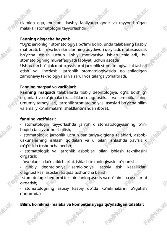 erakli davolash rejasini tanlash qobiliyati; - og‘riqsizlantirish usullarini o‘tkazish ko‘nikmalari; - tishlarni olish kabi kompetensiyalarga ega bo’lishlari lozim. o‘quv fanining tematik (mavzuviy) rejasi hafta kredit mundarija 1 1 mashg‘ulot turi: nazariy mashg‘ulot (ma'ruza) mavzu: o‘zbekistonda va xorijda jarrohlik stomatologiyasining rivojlanish tarixi. jarrohlik stomatologiya bo‘limi va bo‘limining tashkil etilishi va ish tartibi. aseptika va antiseptika. jarrohlik maydonini va jarrohning qo‘llarini tayyorlash. qisqacha annotatsiya: jarroh stomatology xonasi va bo’limini tashkil qilish mavzu rejasi: 1. jarrohlik stomatologiyasining rivojlanish tarixi. 2. sanpin qoidalari 2 mashg‘ulot turi: amaliy mashg’ulot mavzu: o‘zbekistonda va xorijda jarrohlik stomatologiyasining rivojlanish tarixi. jarrohlik stomatologiya bo‘limi va bo‘limining tashkil etilishi va ish tartibi. aseptika va antiseptika. jarrohlik maydonini va jarrohning qo‘llarini tayyorlash. qisqacha annotatsiya: sanpin qoidalari, jarrohlik xonasida aseptika va antiseptika mavzu rejasi: 1.o'zbekistonda jarrohlik stomatologiyasi 2. jarrohlik stomatologiyasi yo’nalishlari 2 1 mashg‘ulot turi: nazariy mashg‘ulot (ma'ruza) mavzu:jarrohlik stomatologik bemorni tekshirish usullari. deontologiya va tibbiy etika. tibbiy hujjatlar. qisqacha annotatsiya: anamnez …