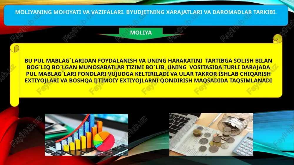 fahriylarini) ozod qilish soliqlarning asosiy turlari soliq stavkasi bilan daromad o'rtasidagi nisbatga ko'ra progressiv soliq regressiv soliq mahsulot tannarxiga qo'shilishiga ko'ra to'g'ri soliq egri soliq byudjetga kelib tushishiga ko'ra mahalliy soliqlar markaziy soliqlar proportsio-nal soliq kelib tushish manbalariga ko'ra huquqiy shaxslardan tushadigan soliqlar jismoniy shaxslardan tushadigan soliqlar pul momulasi bu pulning o'z vazifalarini bajarish jarayonidagi to'xtovsiz harakatidir. pul tizimi mamlakatda pul muomalasini qonuniy va mutanosib ravishda tashkil qilishda qo'llaniladigan uslublar majmuasi uni tashkil qiluvchi asosiy unsurlar 1 milliy pul birligi (so'm, dollar, iena, funt sterling, marka va h.k.); 2 naqd pul muomalasida qonuniy to'lov vositasi sifatida amal qiluvchi qog'oz, tanga va kredit pullar tizimi; 3 pul emissiyasi, ya'ni belgilangan qonuniy tartibda pulni muomalaga chiqarish tizimi; 4 pul muomalasini tartibga soluvchi davlat idoralari. inflyatsiya bu pul muomalasi qonunlari buzilishi natijasida qog'oz pullarning mamlakatda yaratilayotgan tovar va xizmatlarga nisbatan ortib ketishidir. inflyatsiya sur'atini (is) aniqlash formulasi bu yerda: is – inflyatsiya sur’ati …