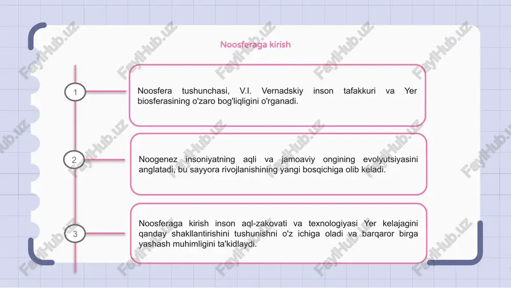 dagi ahamiyati noosfera tushunchasi, v.i. vernadskiy inson tafakkuri va ongining sohasini tasvirlaydi. noogenez bu kollektiv aqlning paydo bo'lishi va evolyutsiyasini anglatadi. noosferaning zamonaviy fandagi ahamiyati uning insoniyat kelajagini shakllantirish salohiyatidadir. bu an'anaviy ilmiy fanlardan dunyoni yanada yaxlit tushunishga o'tishni ifodalaydi. barcha tirik mavjudotlarning o'zaro bog'liqligini va inson faoliyatining sayyoraga ta'sirini tan olish orqali noosferani o'rganish murakkab global muammolarga yangi tushunchalar va echimlarni taklif qiladi. noosferani o'rganishdagi qiyinchiliklar v.i.vernadskiy tomonidan kiritilgan noosfera kontseptsiyasi yerning yuksak ong va jamoaviy intellekt tomon evolyutsiyasini o'rganadi. noogenez noosferaning paydo bo'lishi va rivojlanishini bildiradi, inson tafakkurining ushbu murakkab va o'zaro bog'liq tizimini o'rganishda qiyinchiliklar tug'diradi. noosferani tushunish fan, falsafa va sotsiologiya kabi sohalardagi bilimlarni birlashtirib, uning insoniyat uchun chuqur oqibatlarini hal qilish uchun fanlararo yondashuvlarni talab qiladi. noosfera va ekologik barqarorlik v.i. tomonidan taklif qilingan noosfera tushunchasi. vernadskiy, global ong g'oyasiga va odamlar o'rtasida umumiy bilimga e'tibor qaratadi, bu esa evolyutsiyaning yuqori darajasiga olib keladi. noogenez …